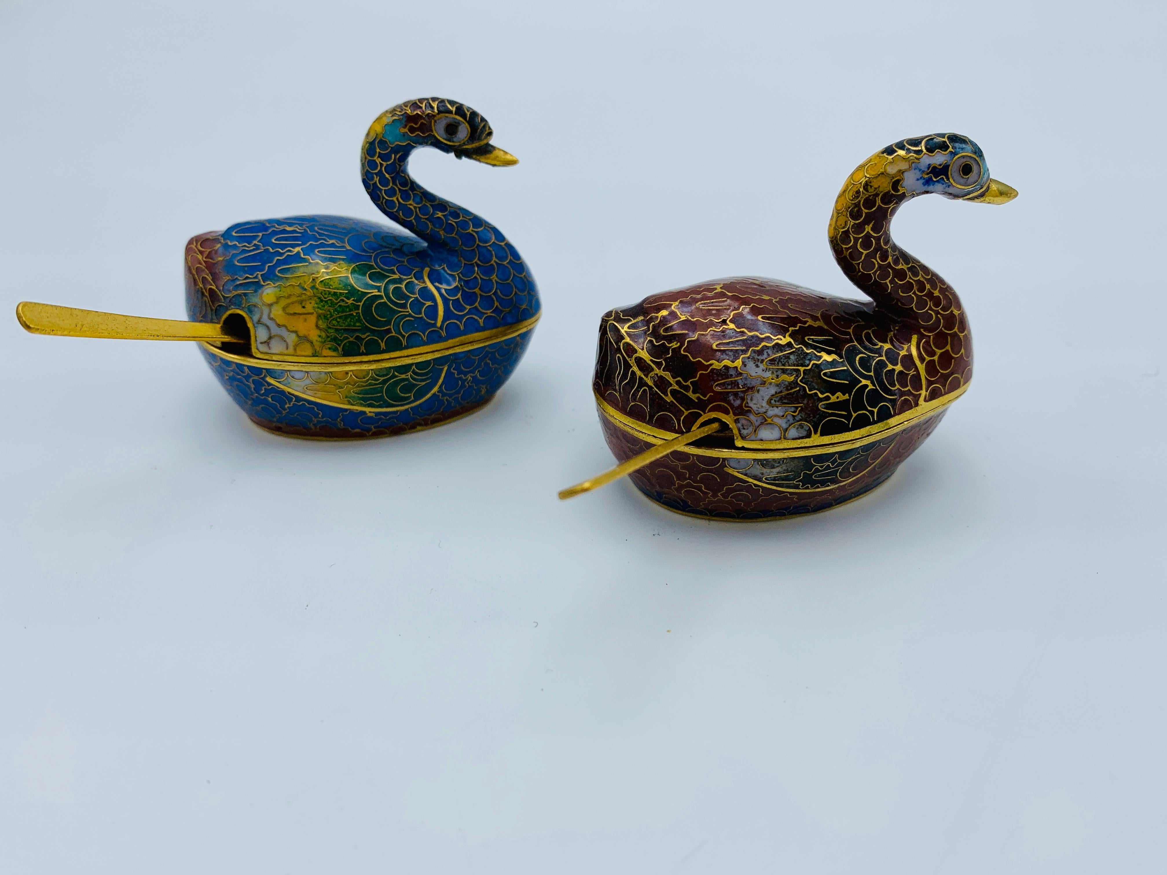 Enamel 1960s Cloisonné Blue and Red Swan Salt Cellars, Pair For Sale