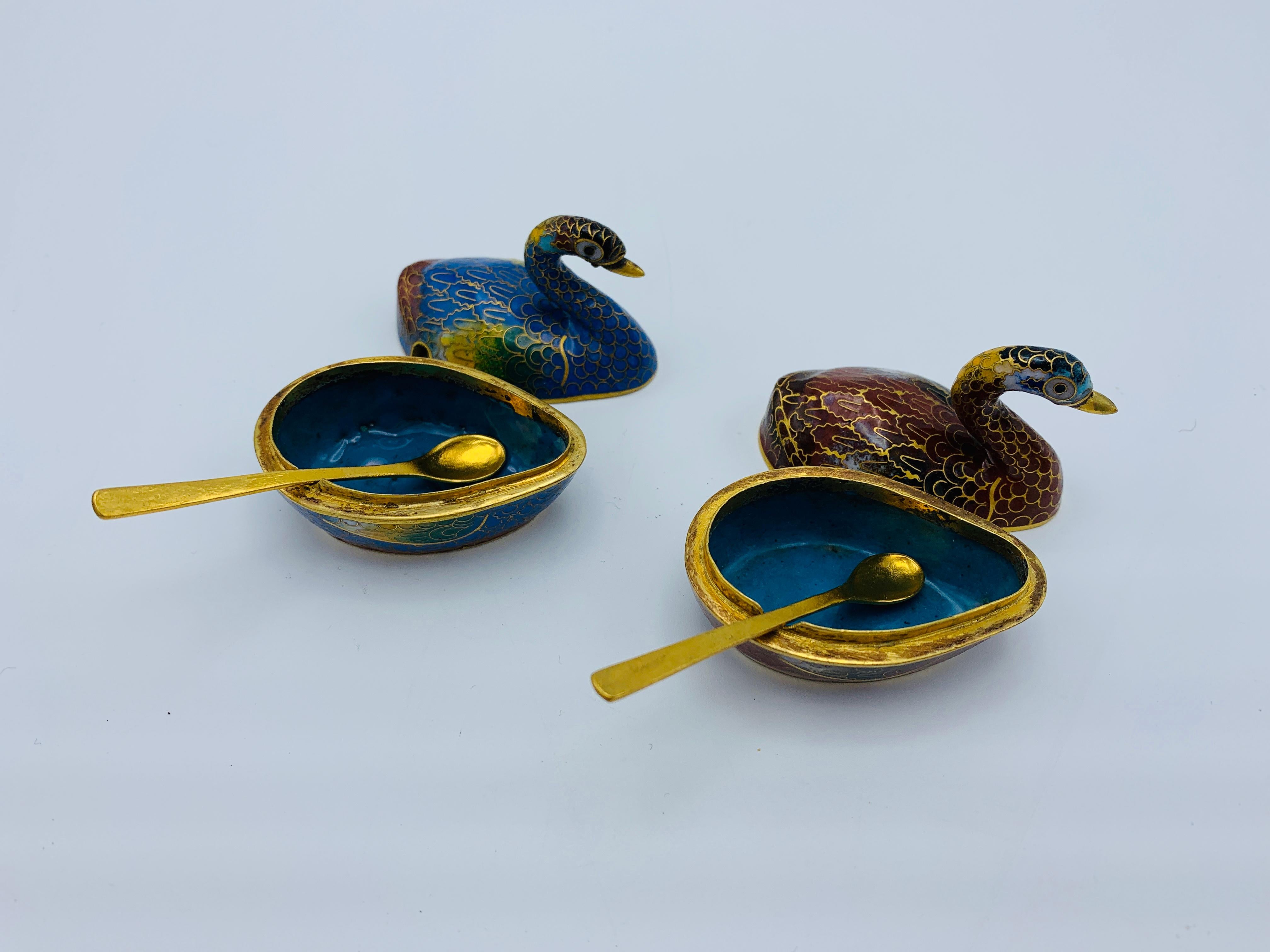 1960s Cloisonné Blue and Red Swan Salt Cellars, Pair For Sale 1
