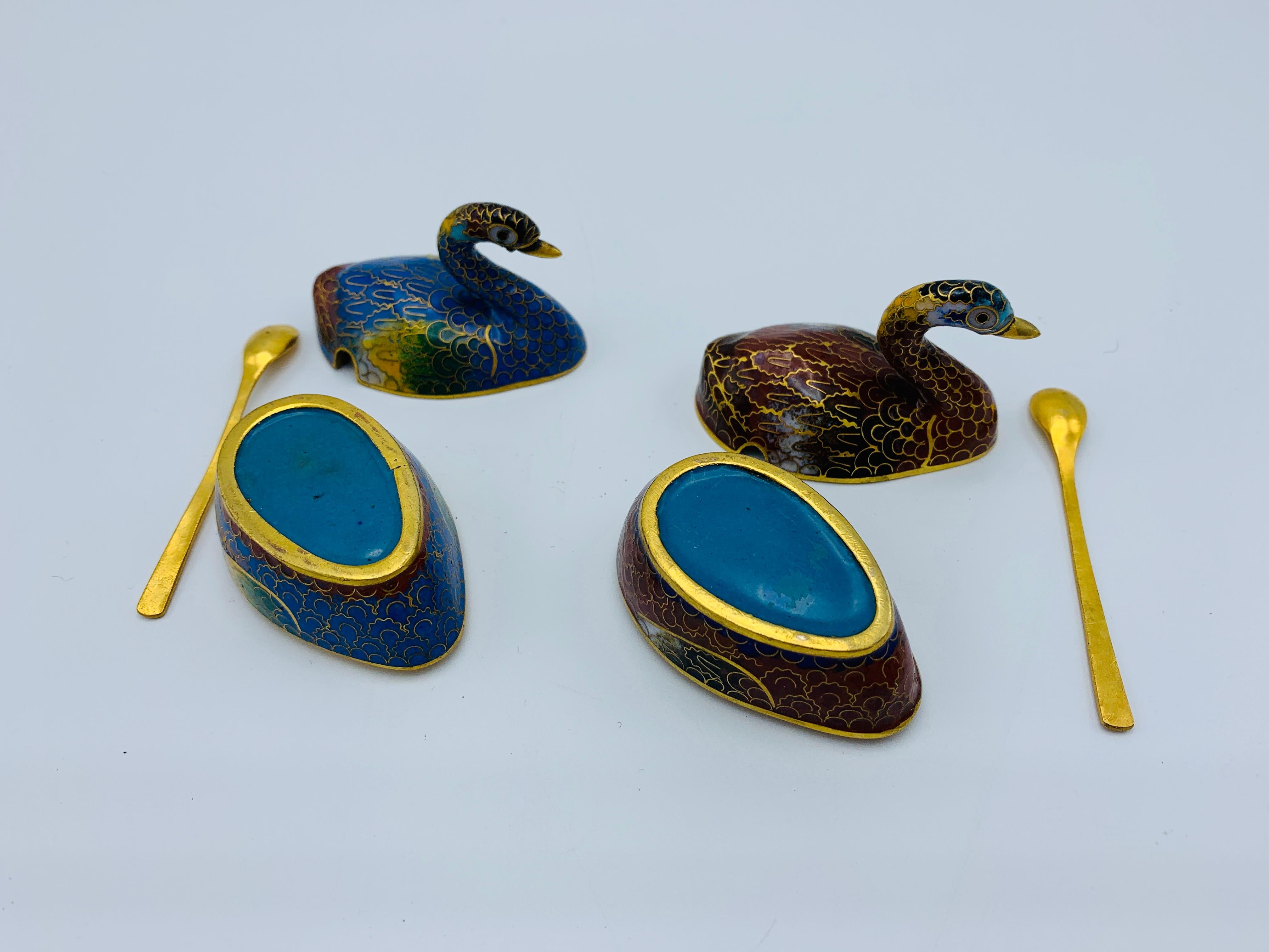 1960s Cloisonné Blue and Red Swan Salt Cellars, Pair For Sale 2