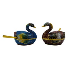 1960s Cloisonné Blue and Red Swan Salt Cellars, Pair