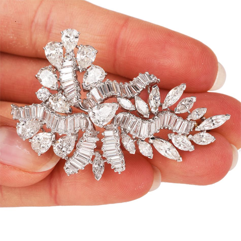 Pear Cut 1960s Cluster Diamond Swirl Platinum Pin Brooch