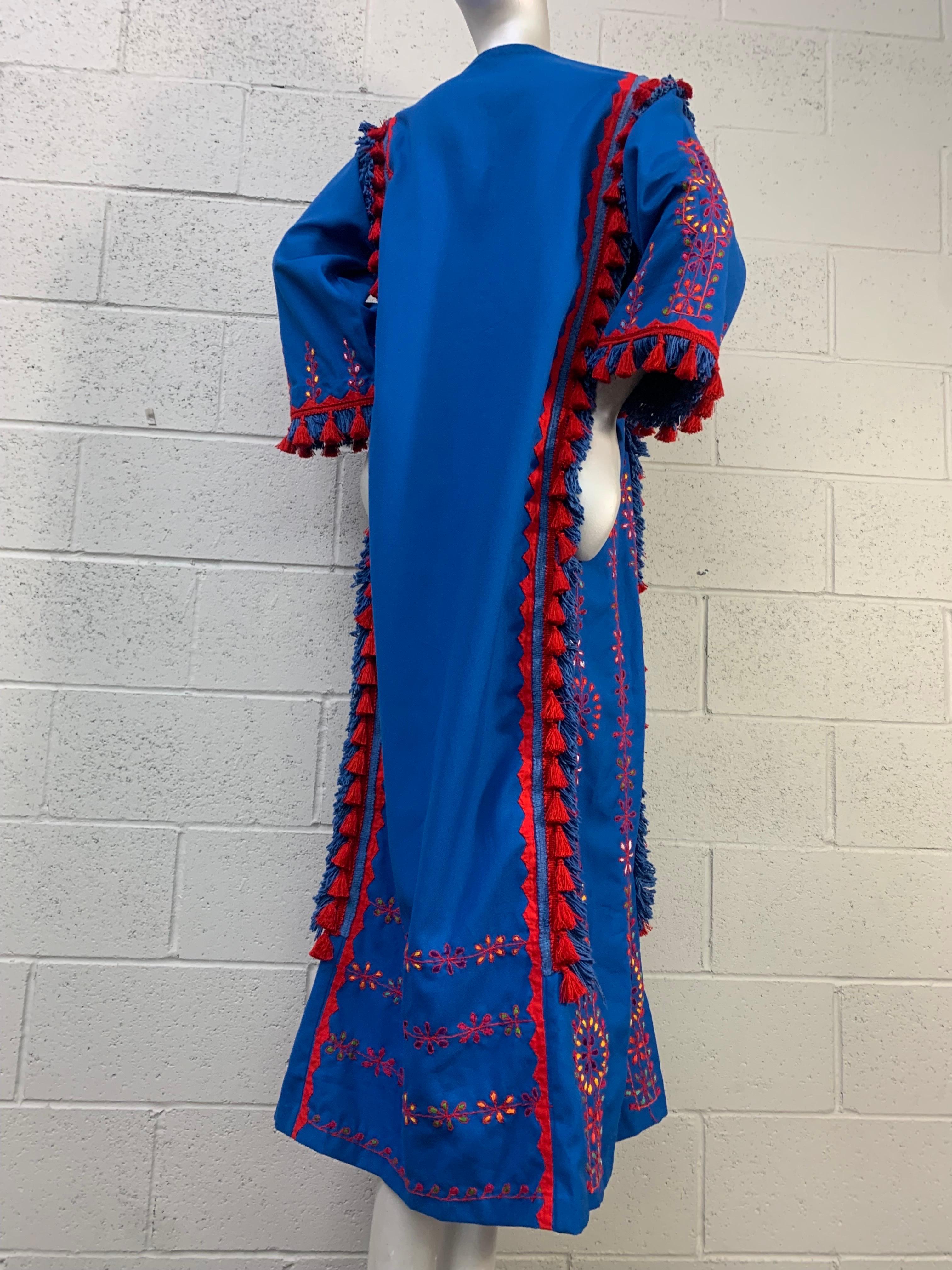 1960s Cobalt Blue and Red Cotton Caftan with Traditional Embroidery and Tassels For Sale 8