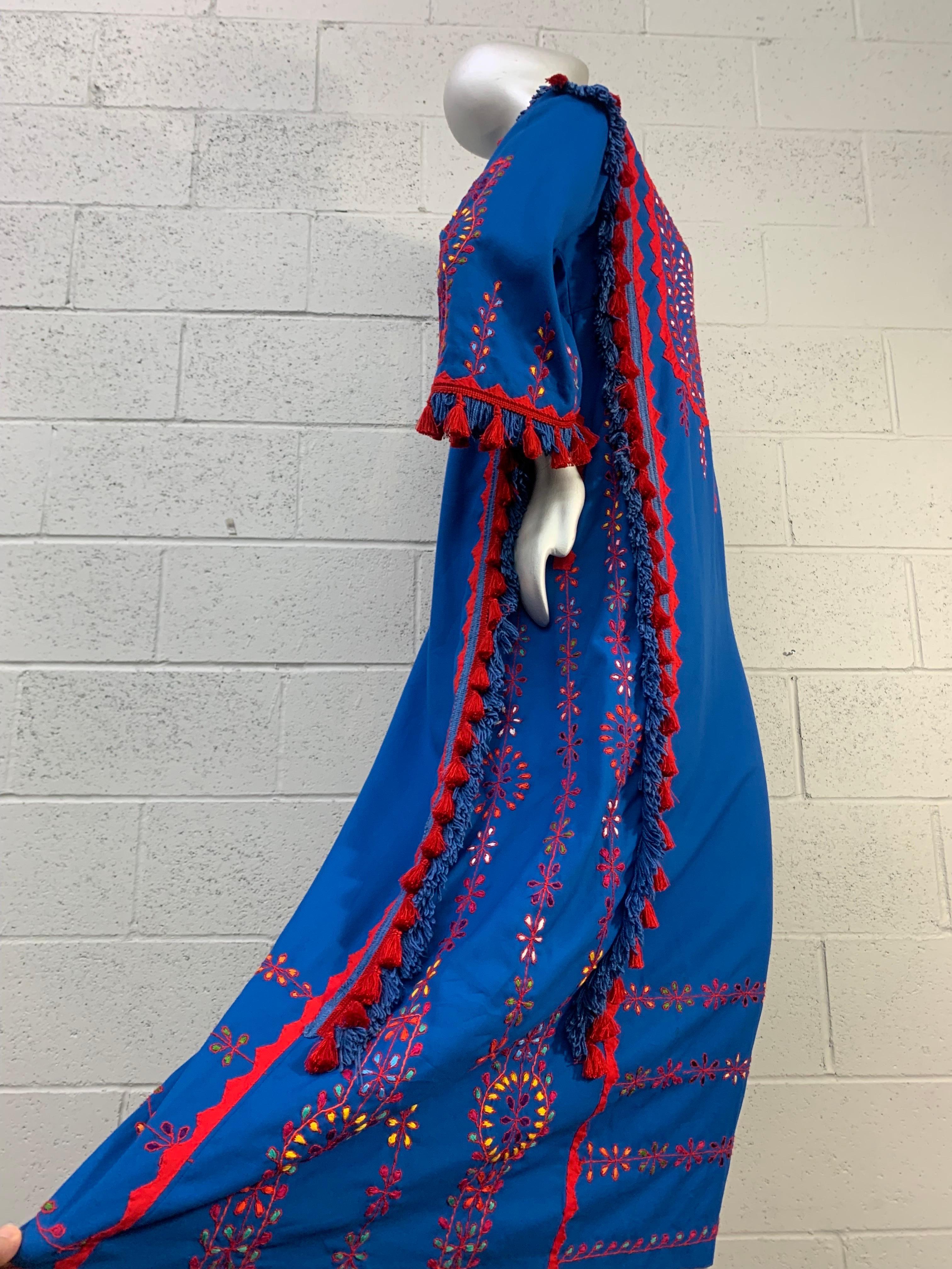 1960s Cobalt Blue and Red Cotton Caftan with Traditional Embroidery and Tassels For Sale 9