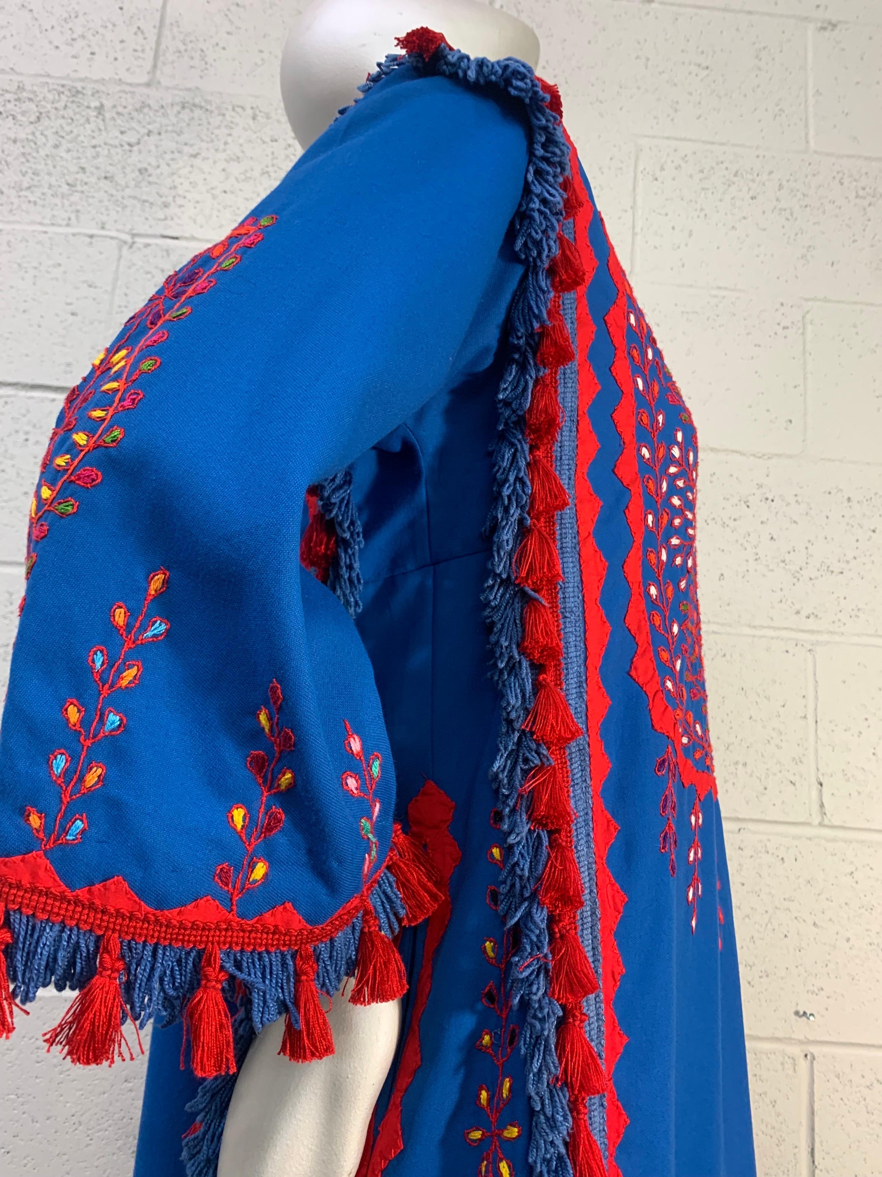 1960s Cobalt Blue and Red Cotton Caftan with Traditional Embroidery and Tassels For Sale 10