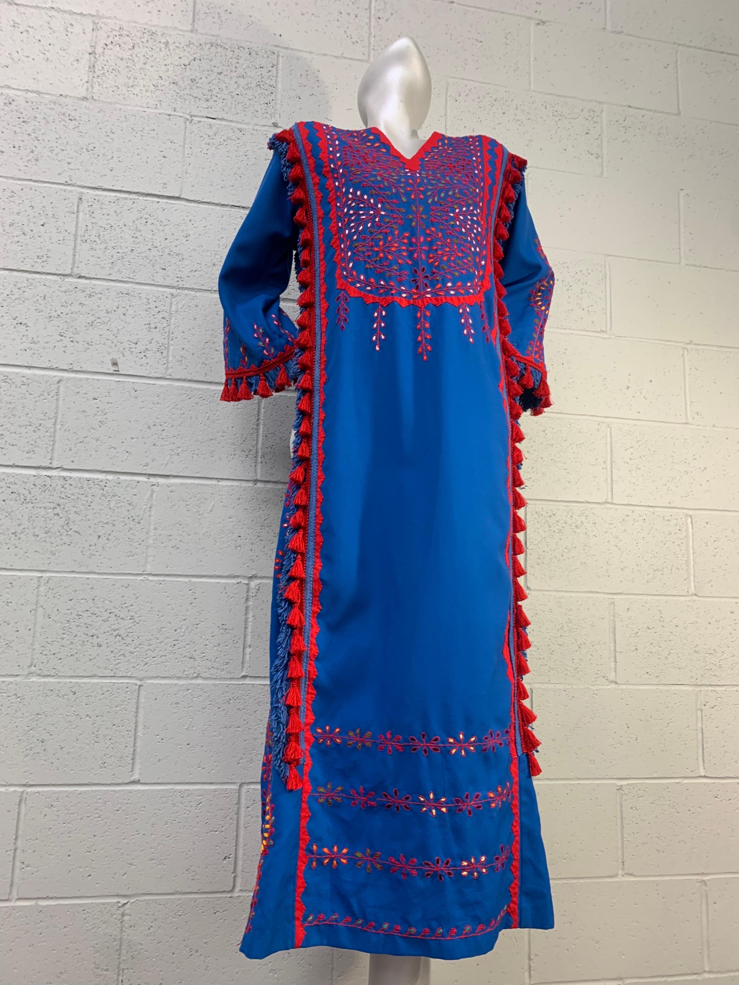 1960s Cobalt Blue and Red Cotton Caftan with Traditional Embroidery and Tassels For Sale 11
