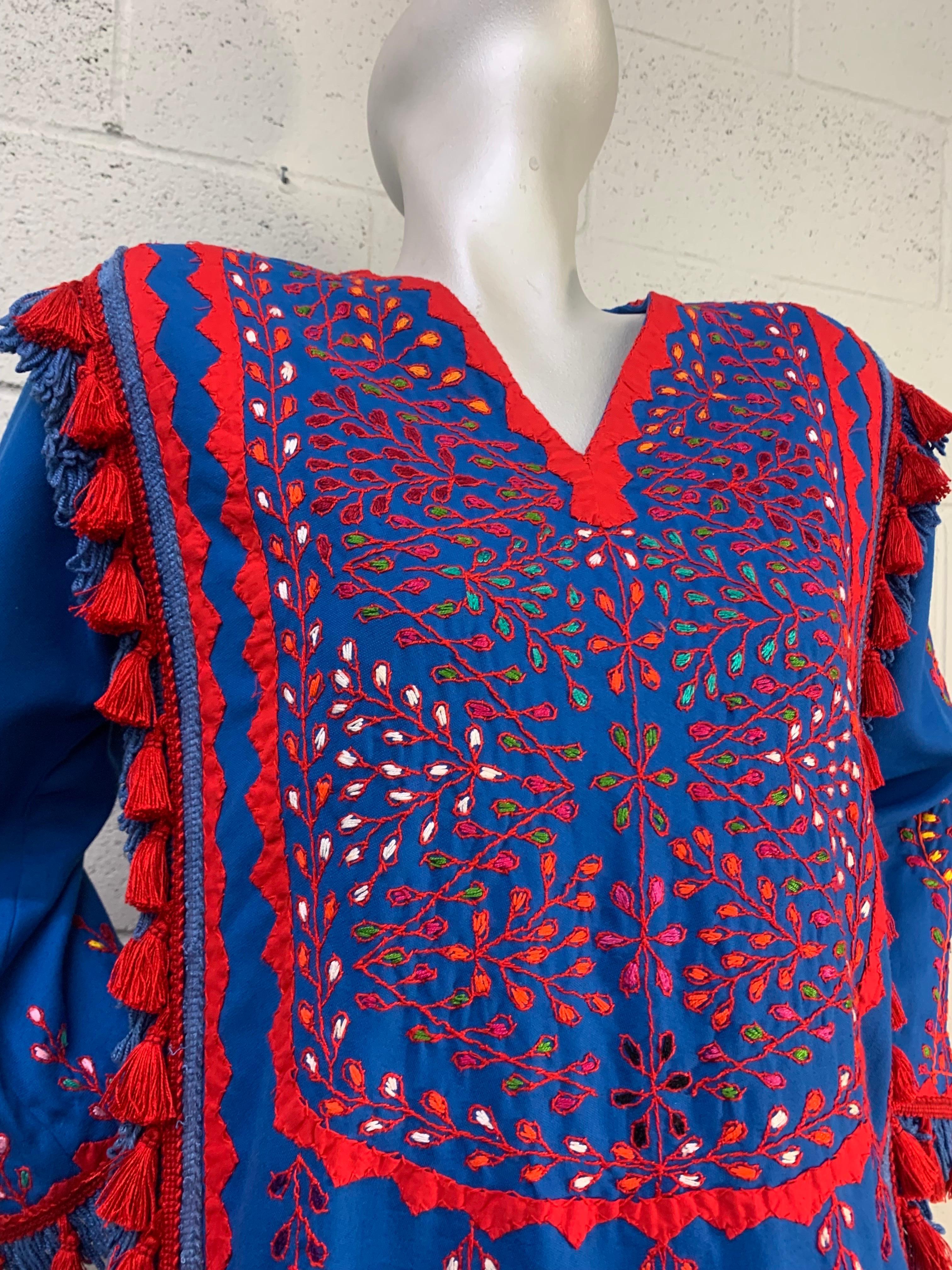 1960s Cobalt Blue and Red Cotton Caftan with Traditional Embroidery and Tassels For Sale 12