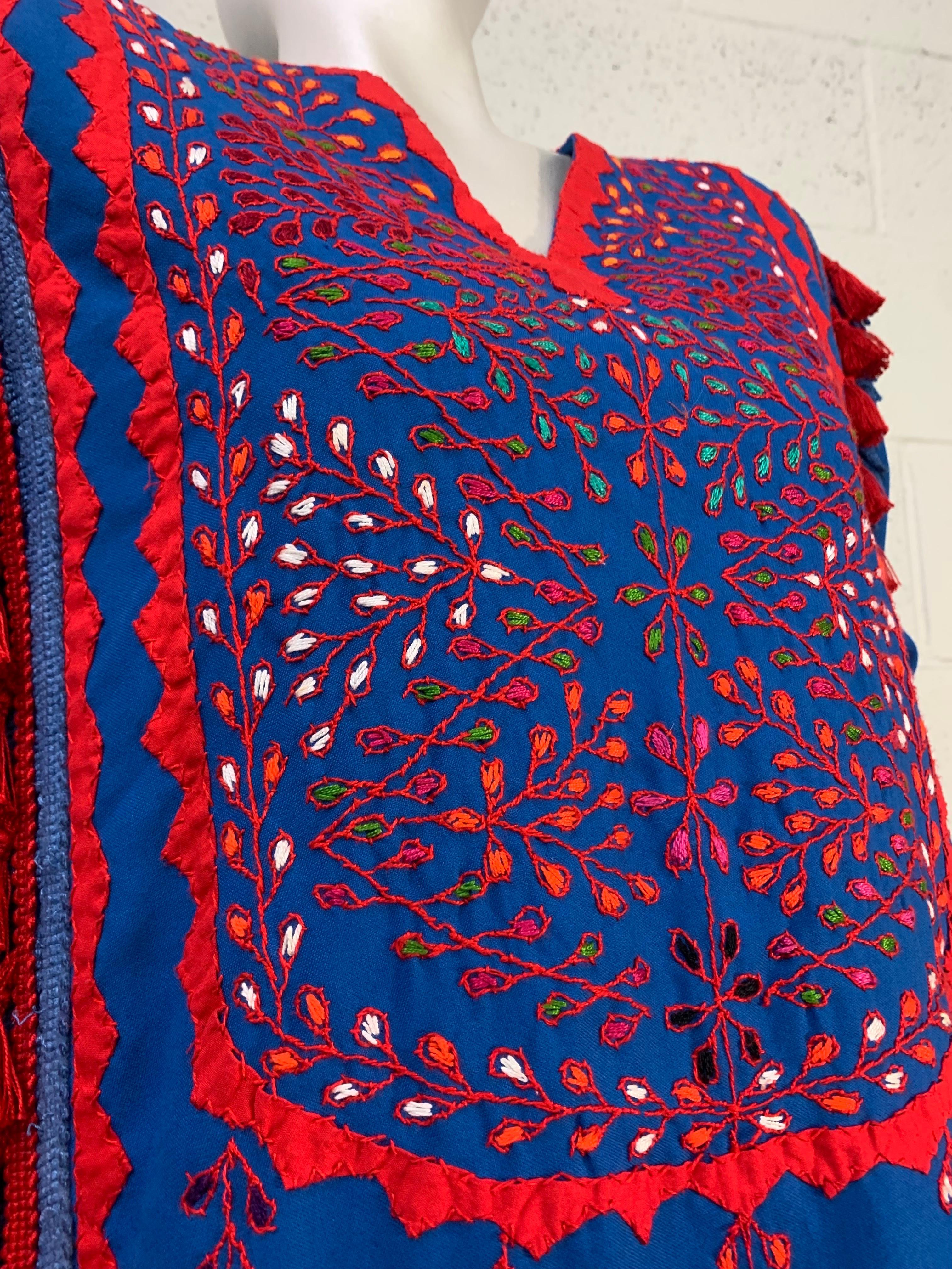 Women's or Men's 1960s Cobalt Blue and Red Cotton Caftan with Traditional Embroidery and Tassels