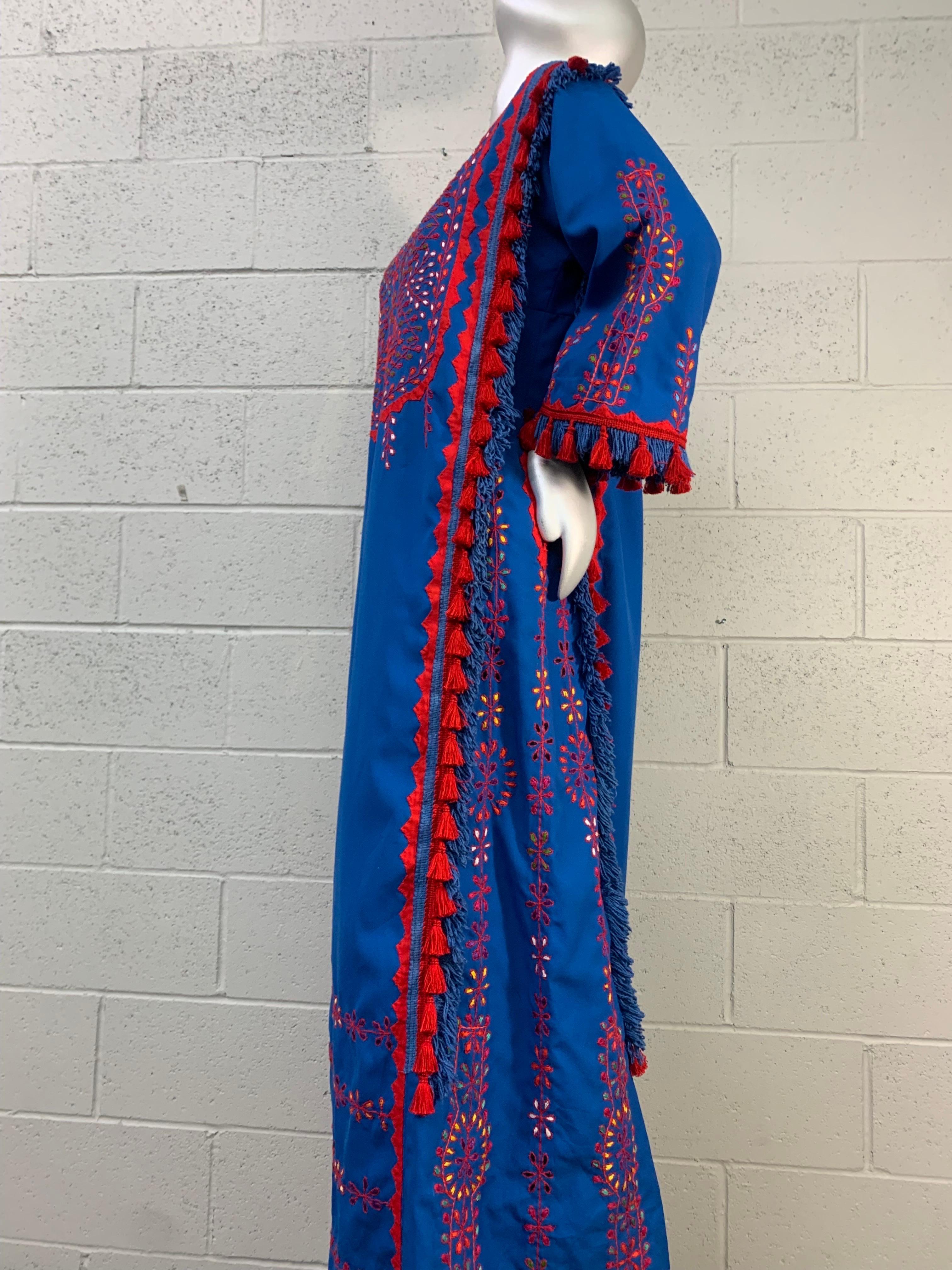 1960s Cobalt Blue and Red Cotton Caftan with Traditional Embroidery and Tassels For Sale 1