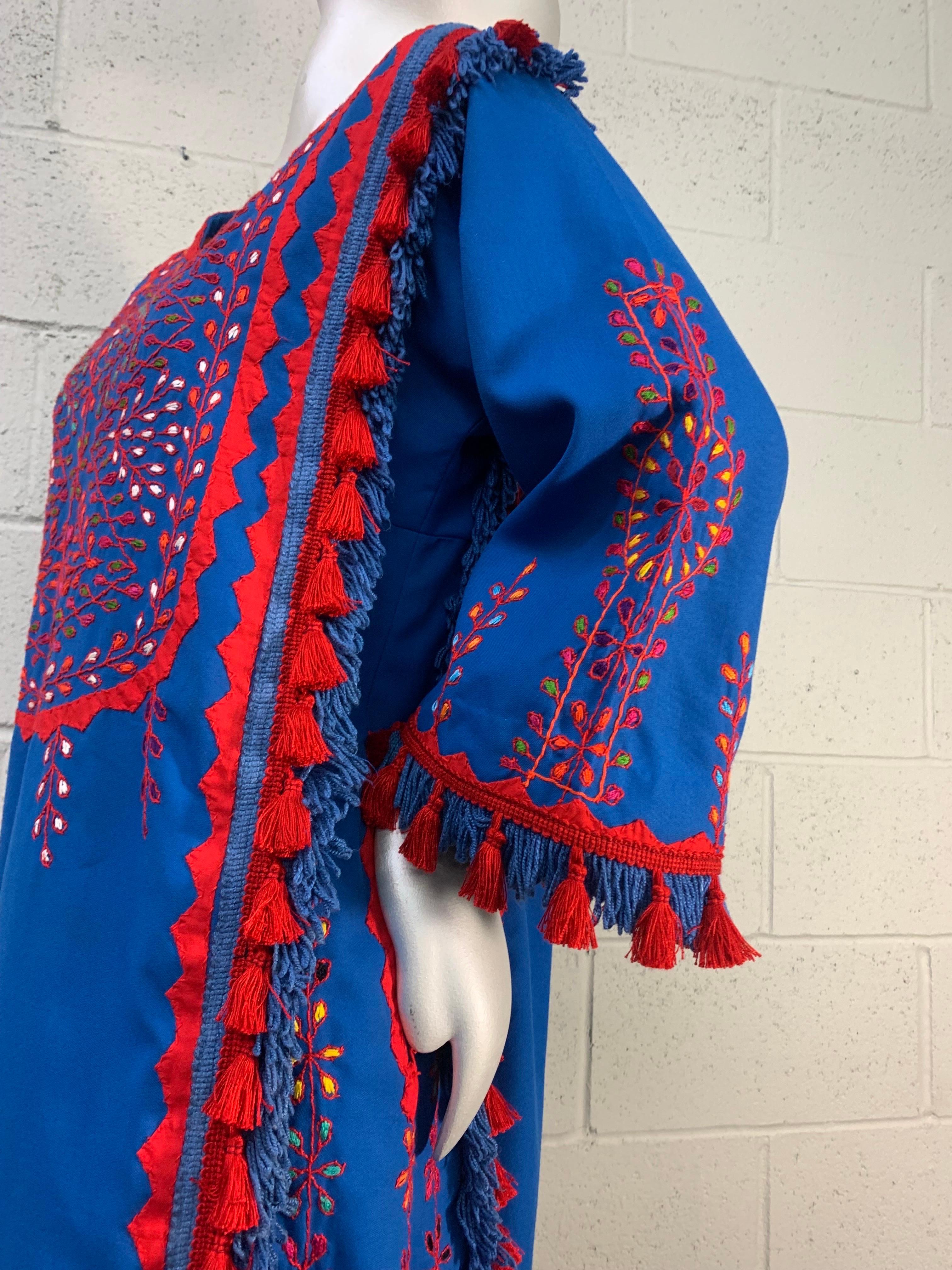1960s Cobalt Blue and Red Cotton Caftan with Traditional Embroidery and Tassels For Sale 2