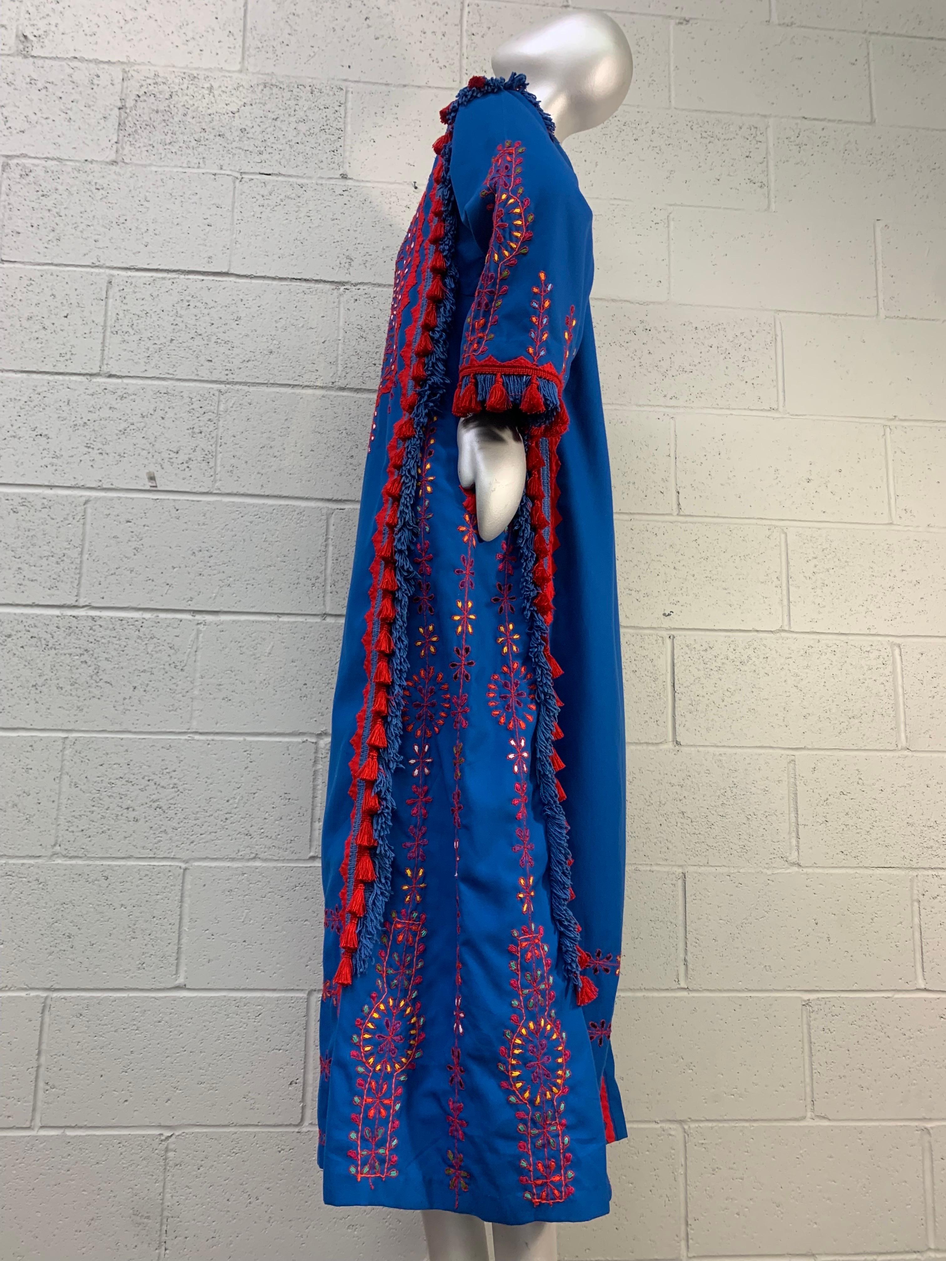 1960s Cobalt Blue and Red Cotton Caftan with Traditional Embroidery and Tassels For Sale 4