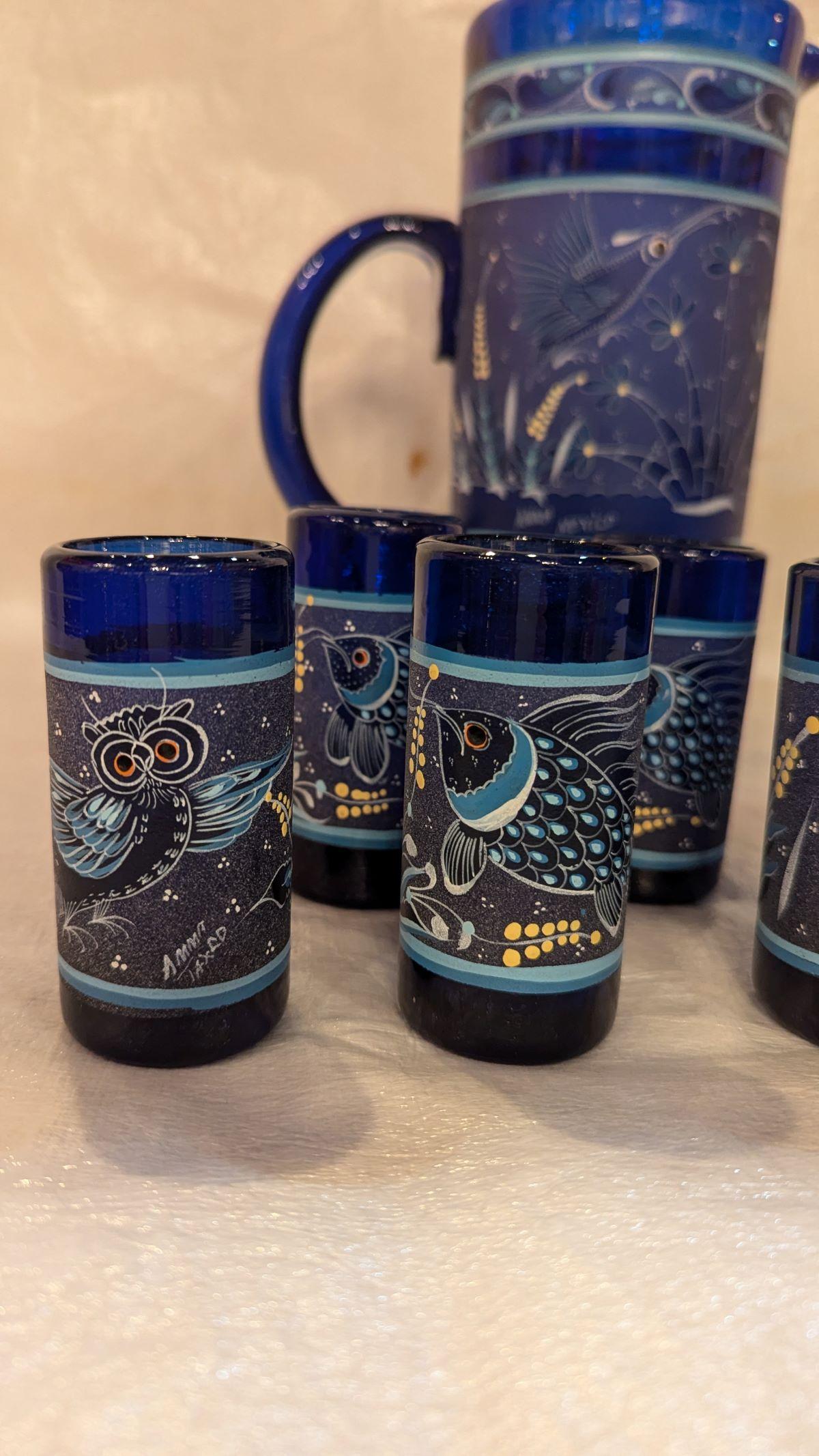 20ième siècle 1960 Cobalt Pitcher and Tumblers Sangria Set- 7 Pieces (Pichet et gobelets à sangria) en vente