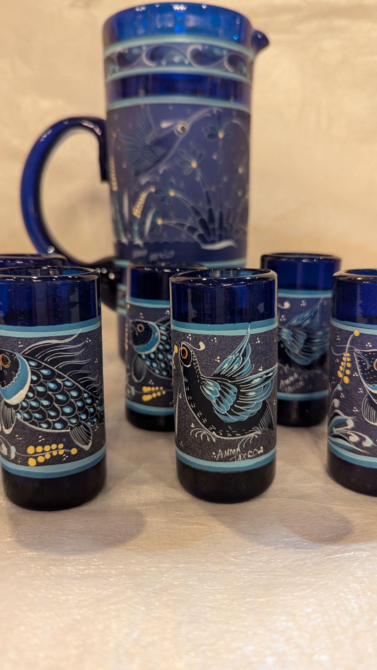 Verre d'art 1960 Cobalt Pitcher and Tumblers Sangria Set- 7 Pieces (Pichet et gobelets à sangria) en vente