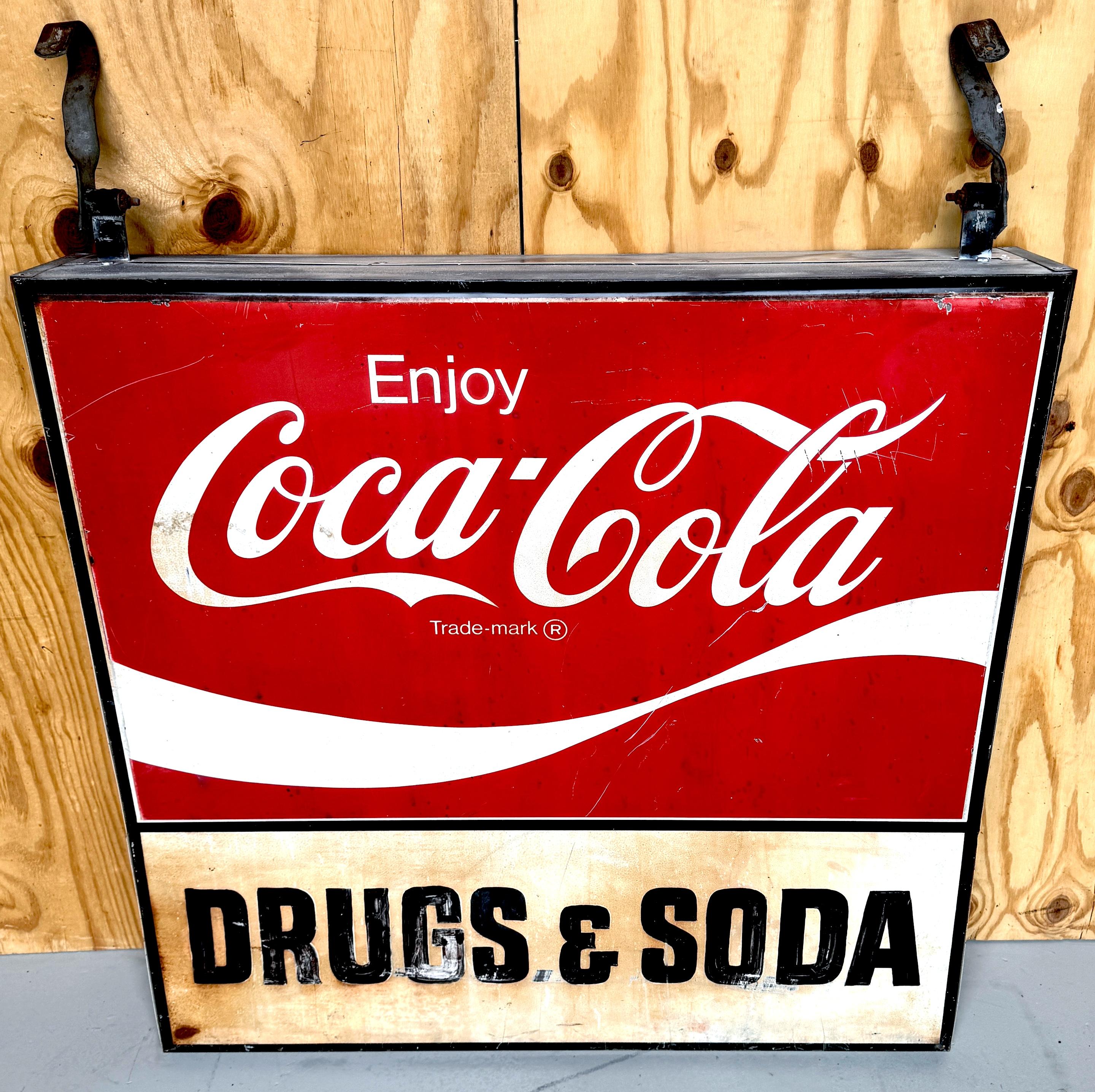 American 1960s Coca-Cola Trade Sign 'Drugs & Soda' From WPB, Florida  Clematis Street  For Sale