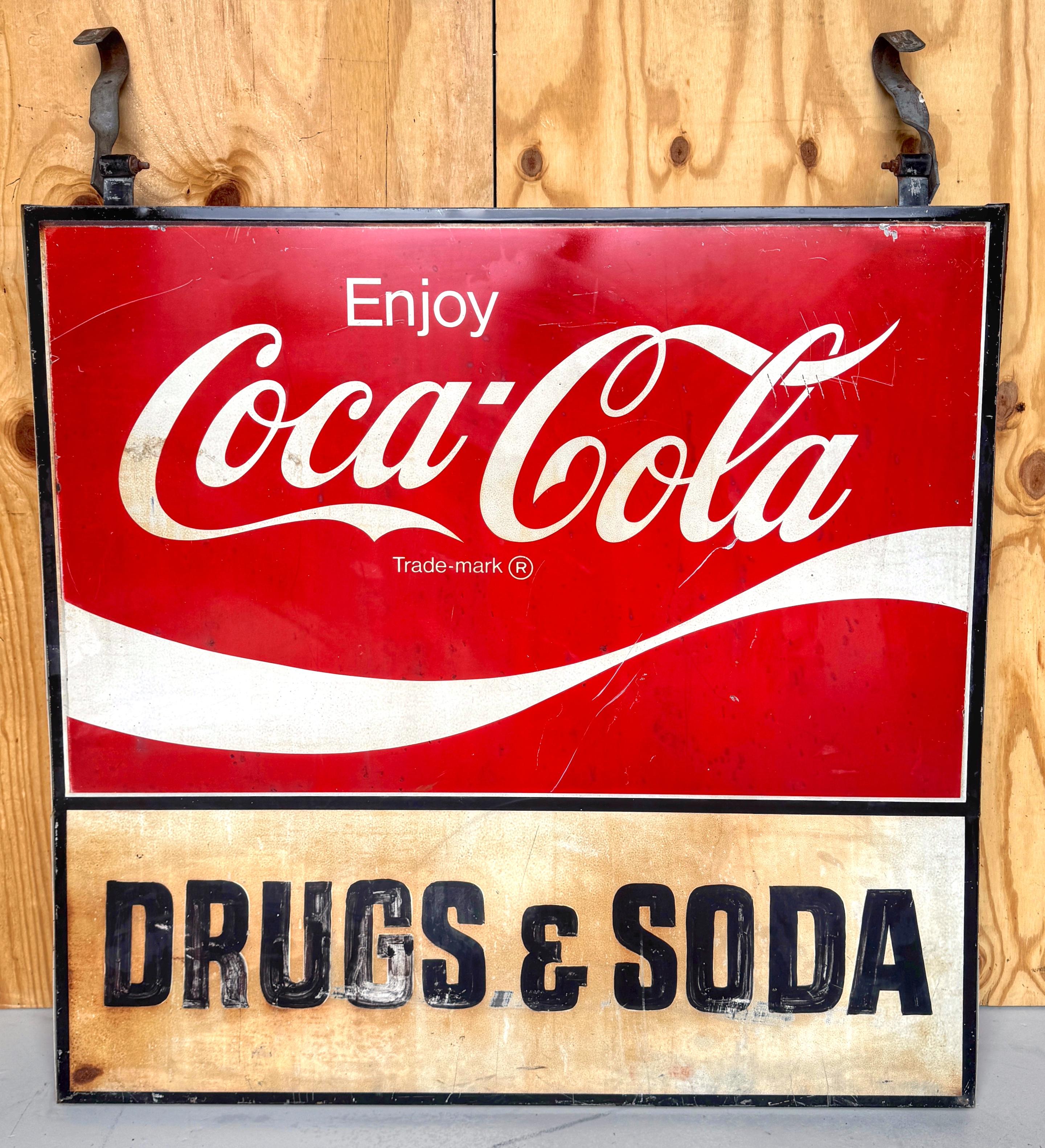 Enameled 1960s Coca-Cola Trade Sign 'Drugs & Soda' From WPB, Florida  Clematis Street  For Sale