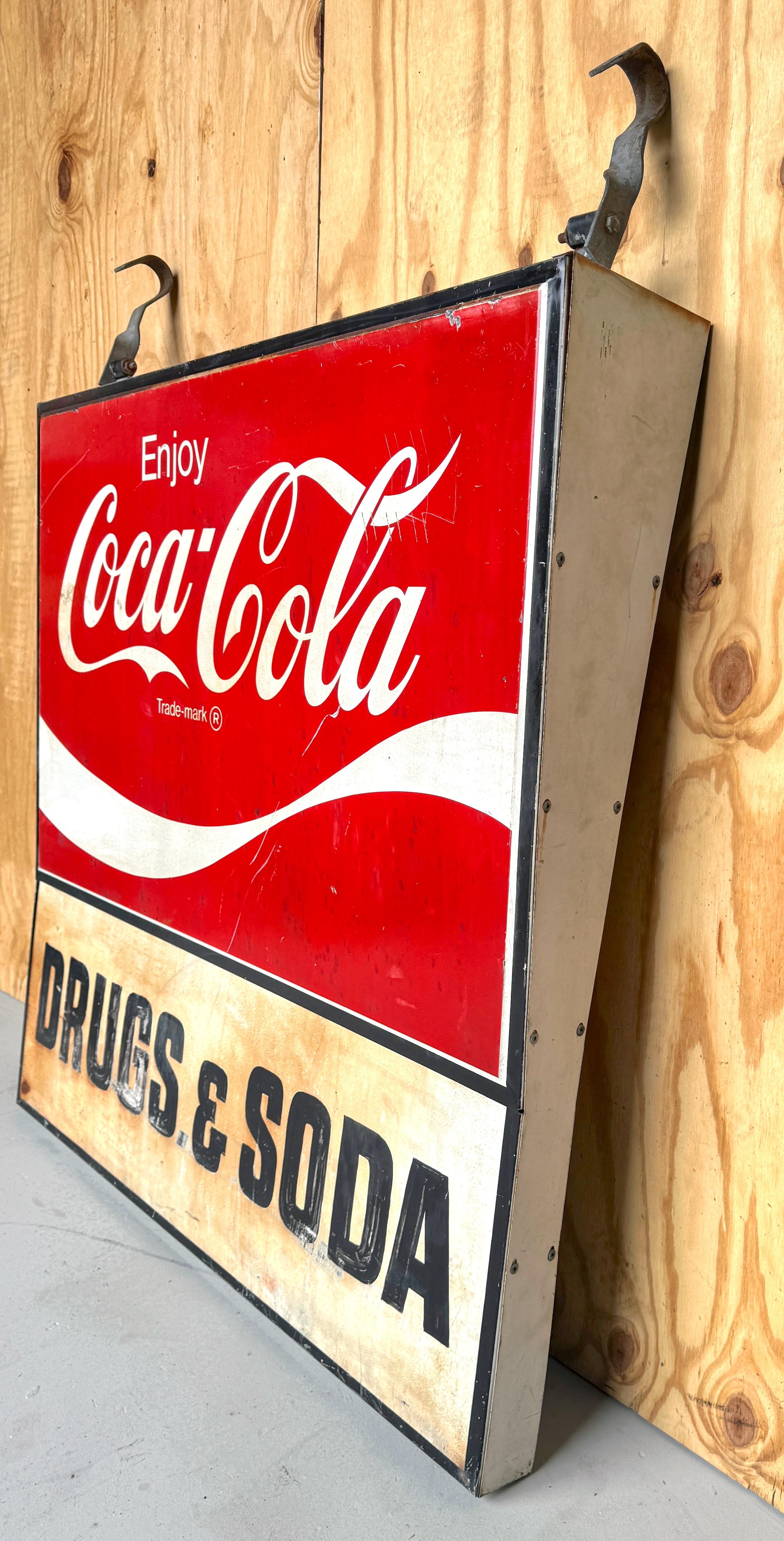 Mid-20th Century 1960s Coca-Cola Trade Sign 'Drugs & Soda' From WPB, Florida  Clematis Street  For Sale