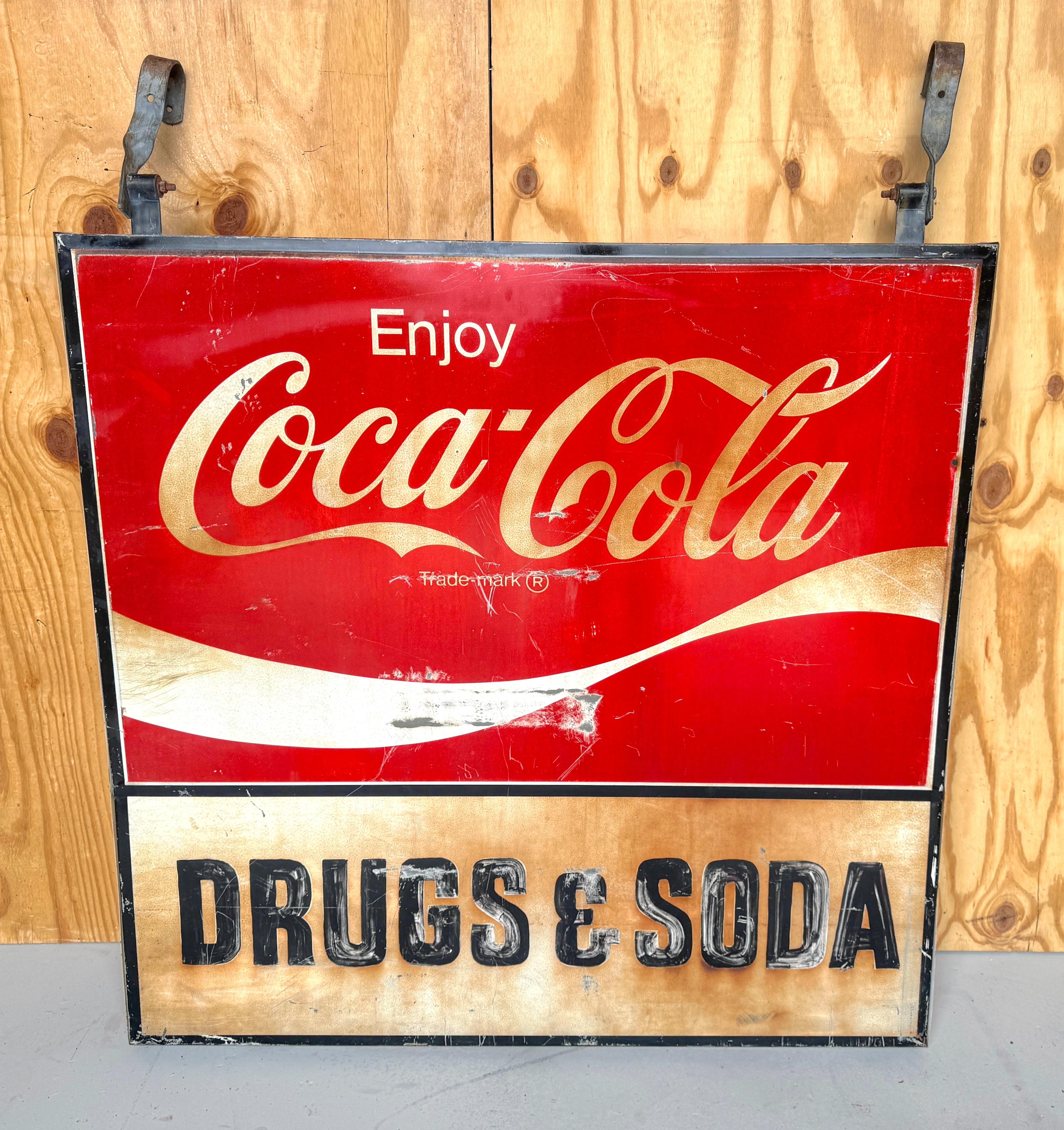 Metal 1960s Coca-Cola Trade Sign 'Drugs & Soda' From WPB, Florida  Clematis Street  For Sale