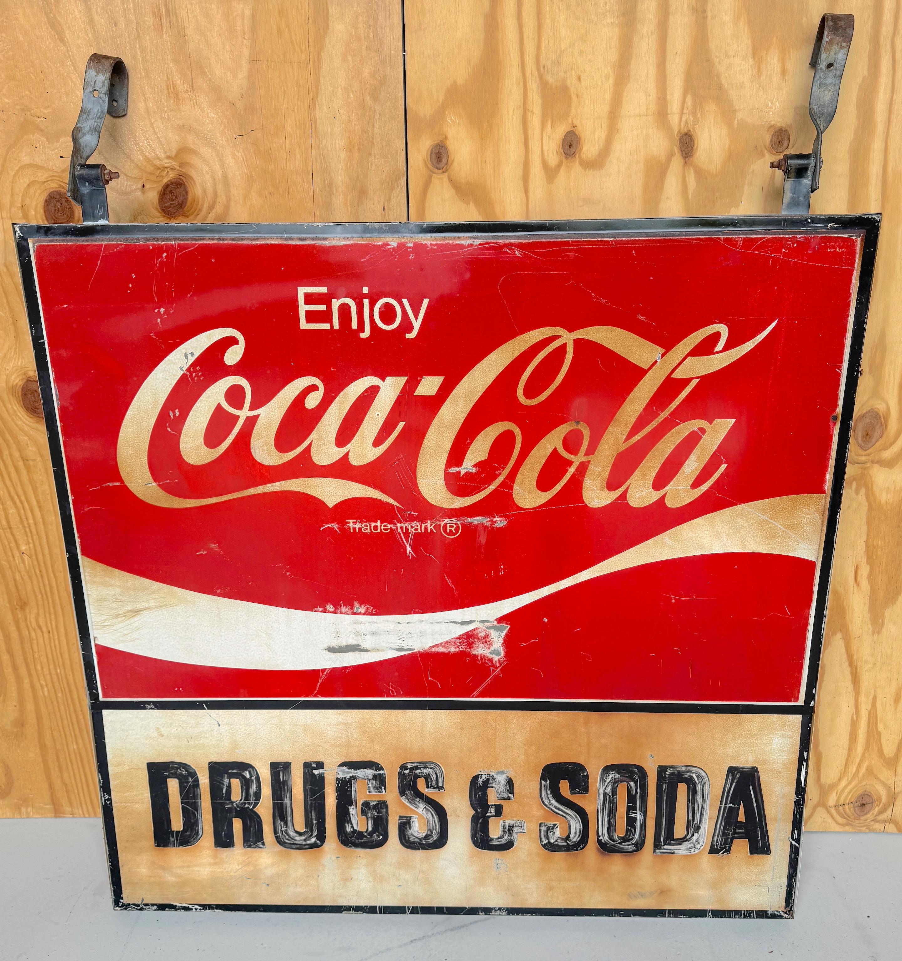 1960s Coca-Cola Trade Sign 'Drugs & Soda' From WPB, Florida  Clematis Street  For Sale 1