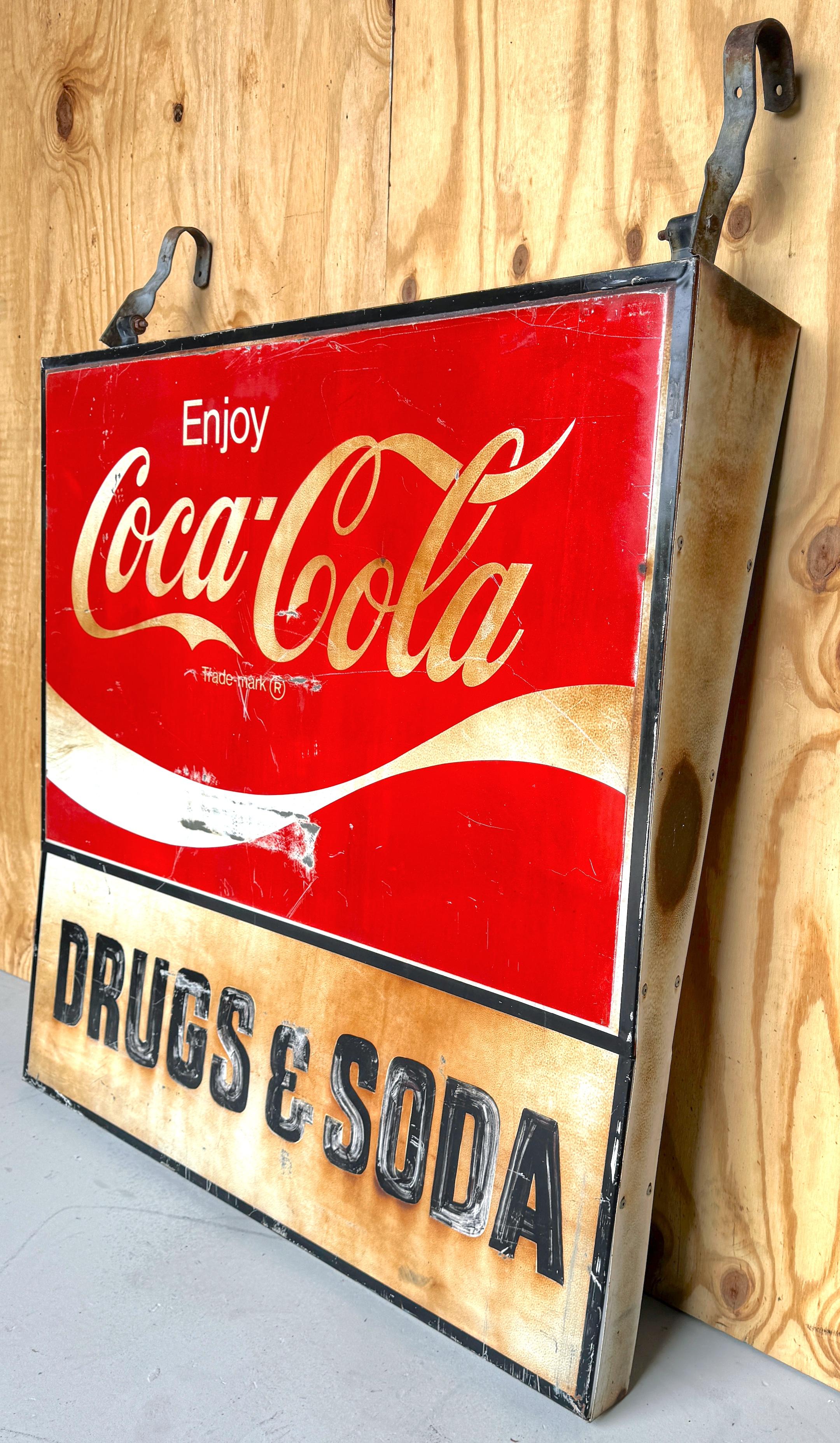 1960s Coca-Cola Trade Sign 'Drugs & Soda' From WPB, Florida  Clematis Street  For Sale 2