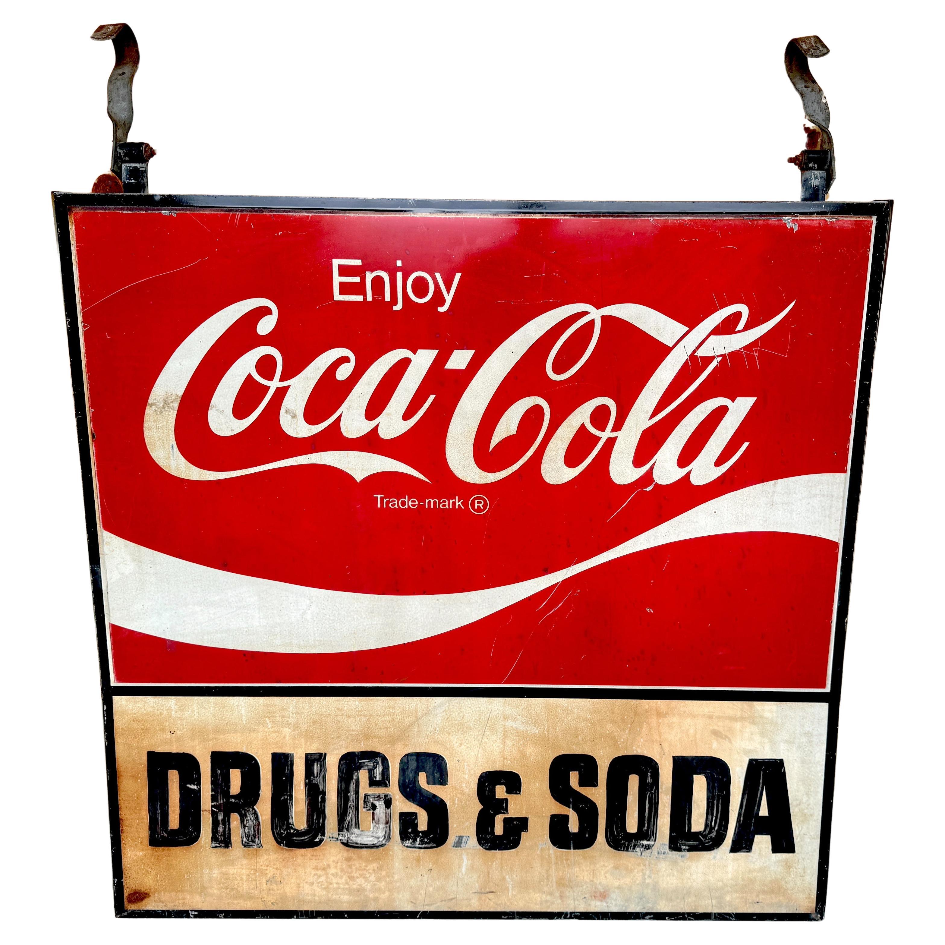 1960s Coca-Cola Trade Sign 'Drugs & Soda' From WPB, Florida  Clematis Street  For Sale