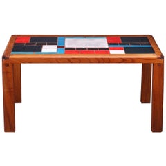 Vintage 1960s Coffee Table in Elm and Ceramic by Pierre Chapo