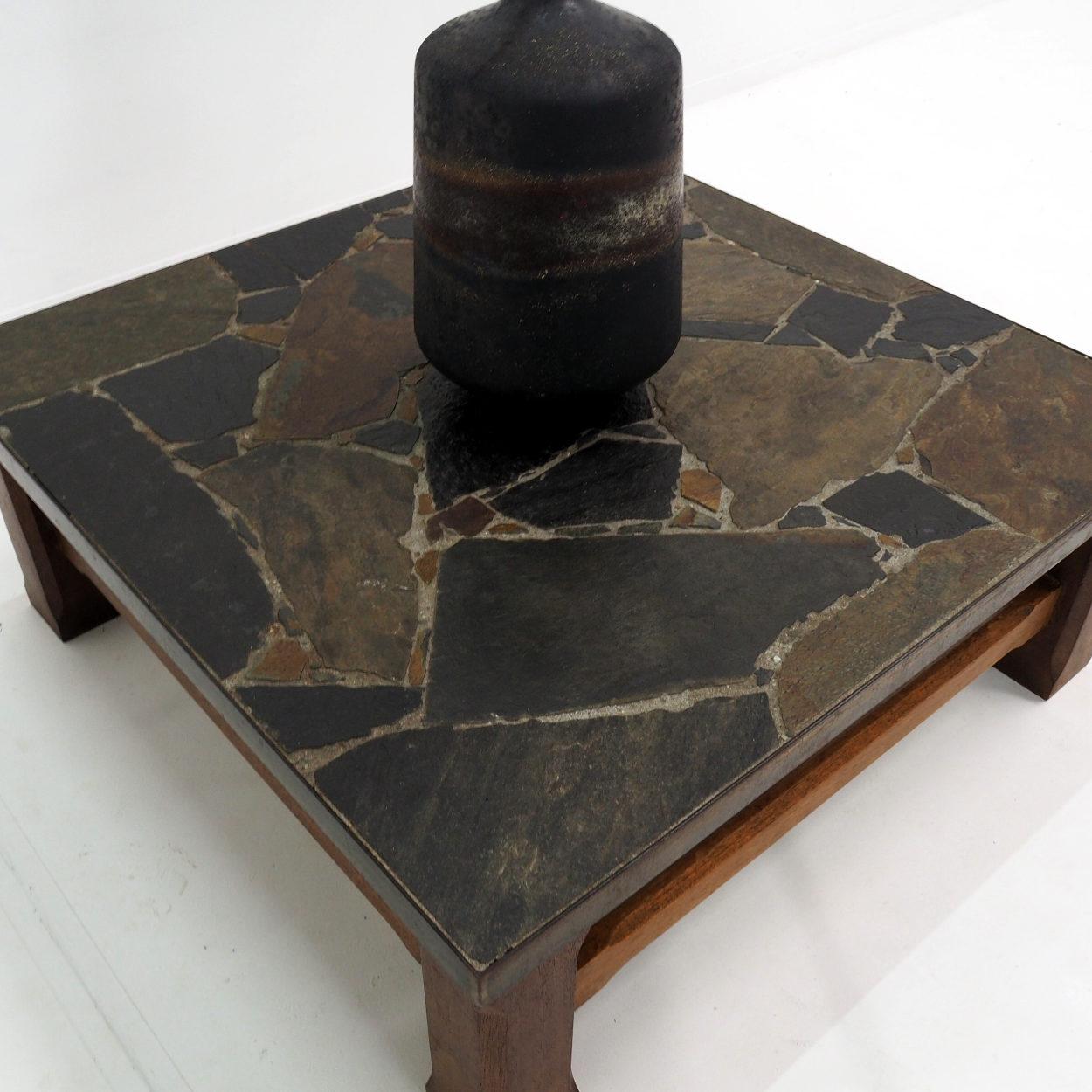 Dutch 1960s Coffee Table made of Oak and Norwegian Sell Pillarguri Slate For Sale