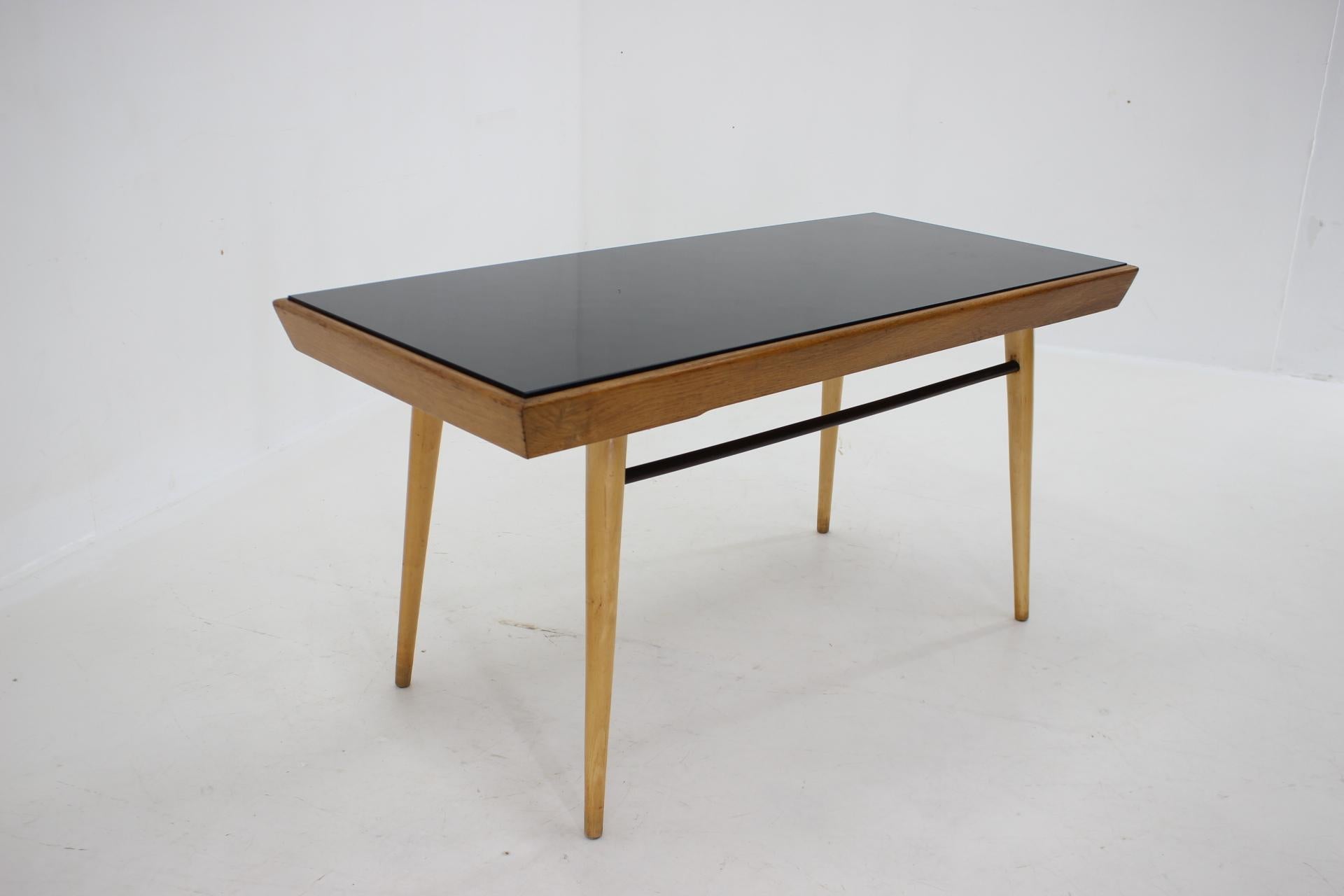 Wood 1960s Coffee Table With Opaxit Glass, Czechoslovakia For Sale