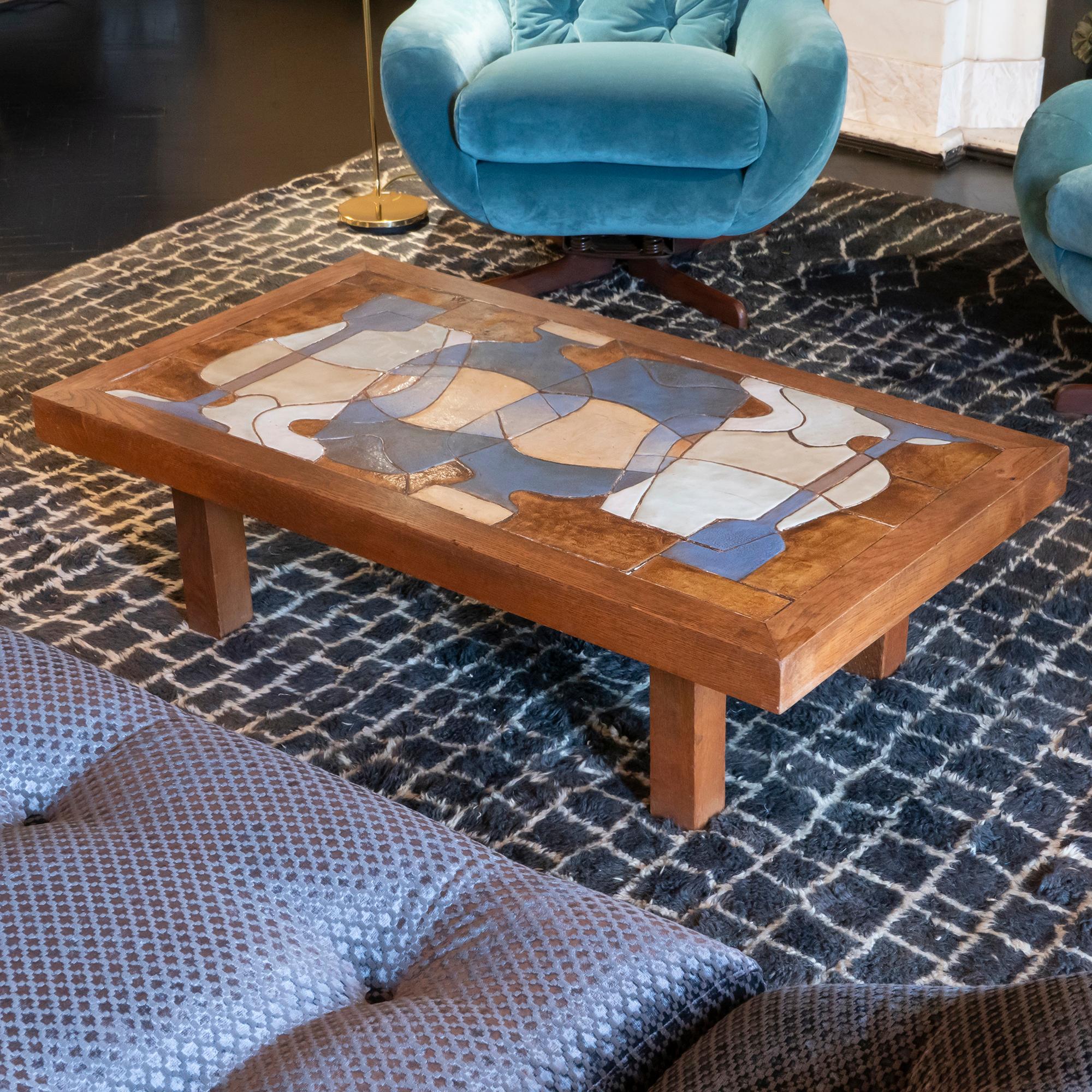 Mid-Century Modern 1960s Coffee Table, Wood Base Ceramic Tiles Top, Vallauris, France
