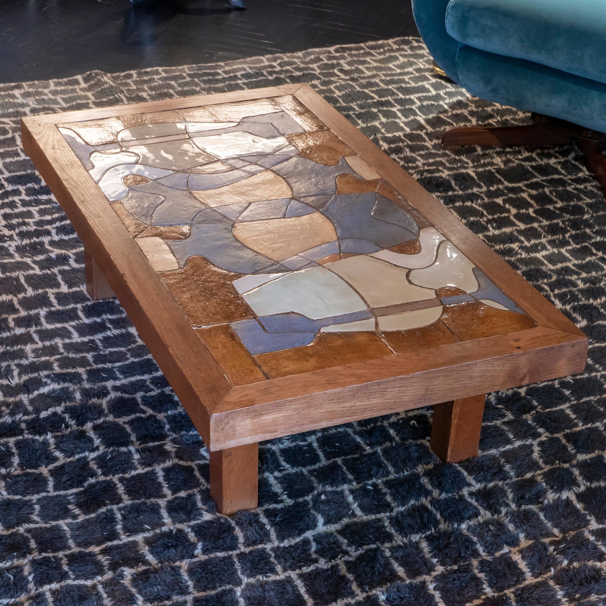 Glazed 1960s Coffee Table, Wood Base Ceramic Tiles Top, Vallauris, France