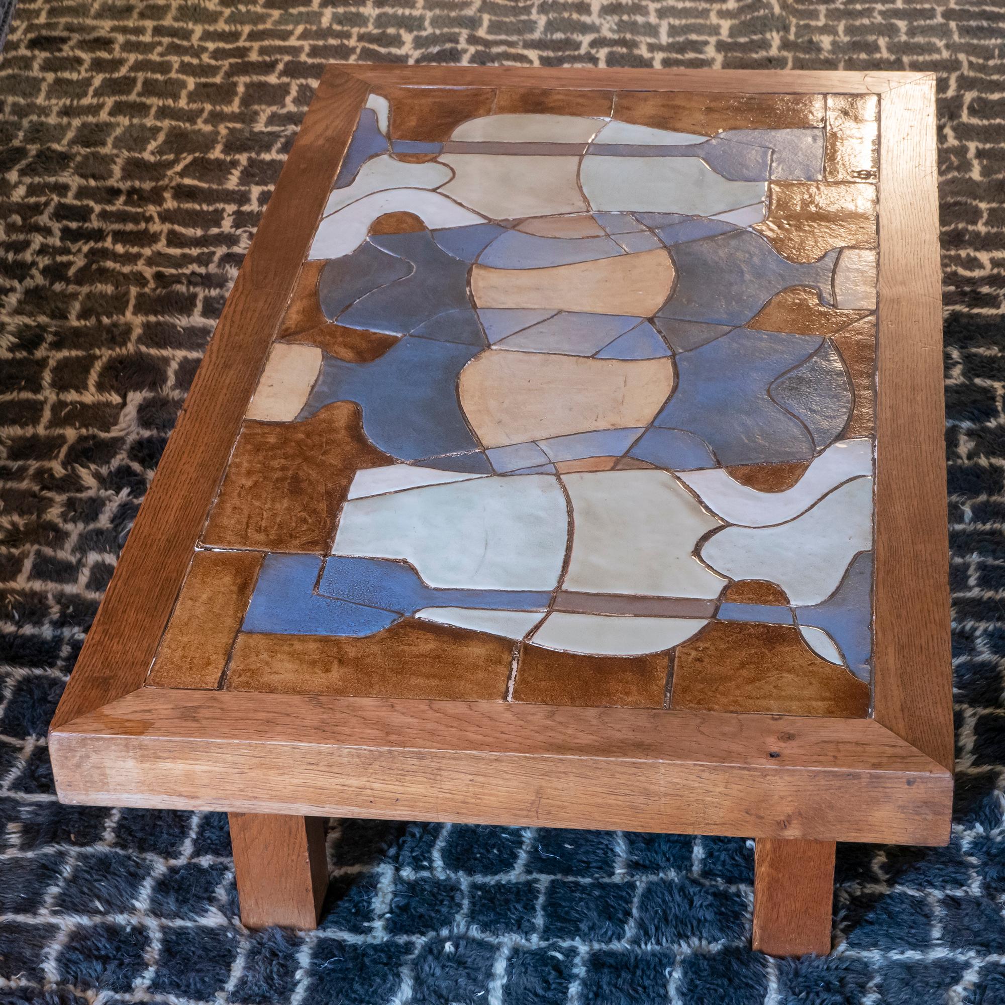 Mid-20th Century 1960s Coffee Table, Wood Base Ceramic Tiles Top, Vallauris, France