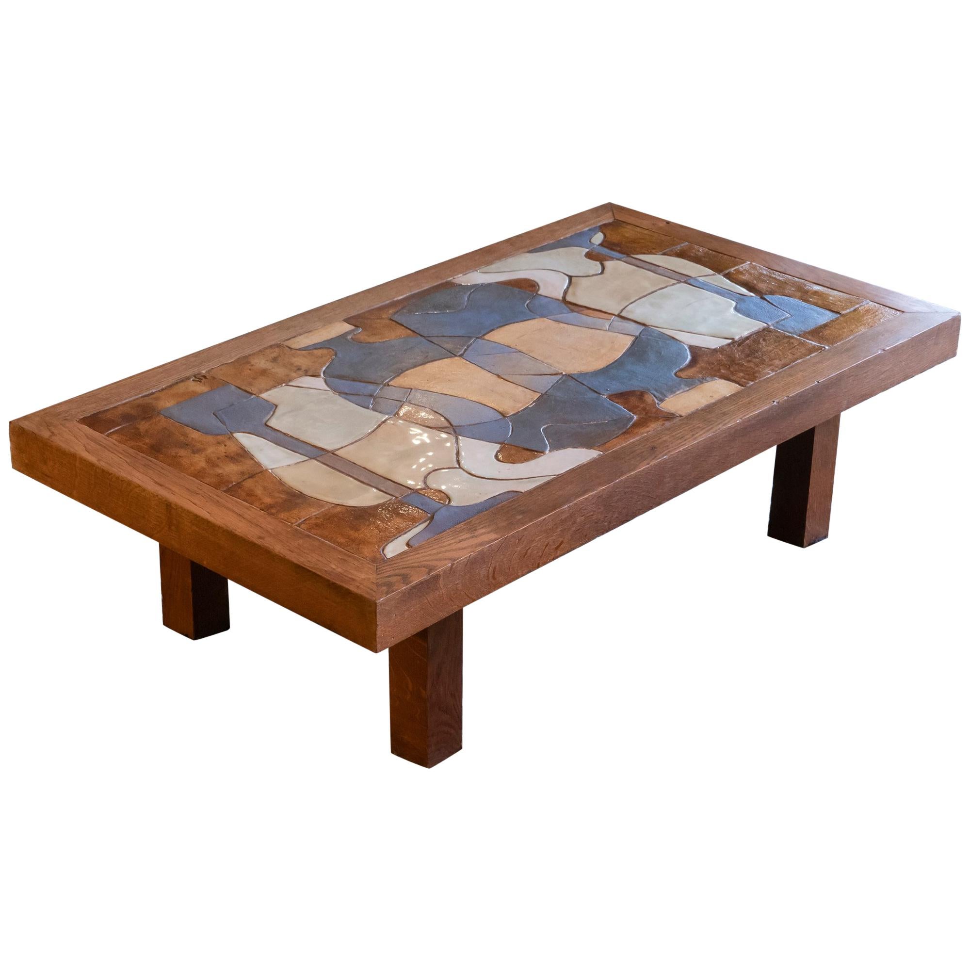 1960s Coffee Table, Wood Base Ceramic Tiles Top, Vallauris, France