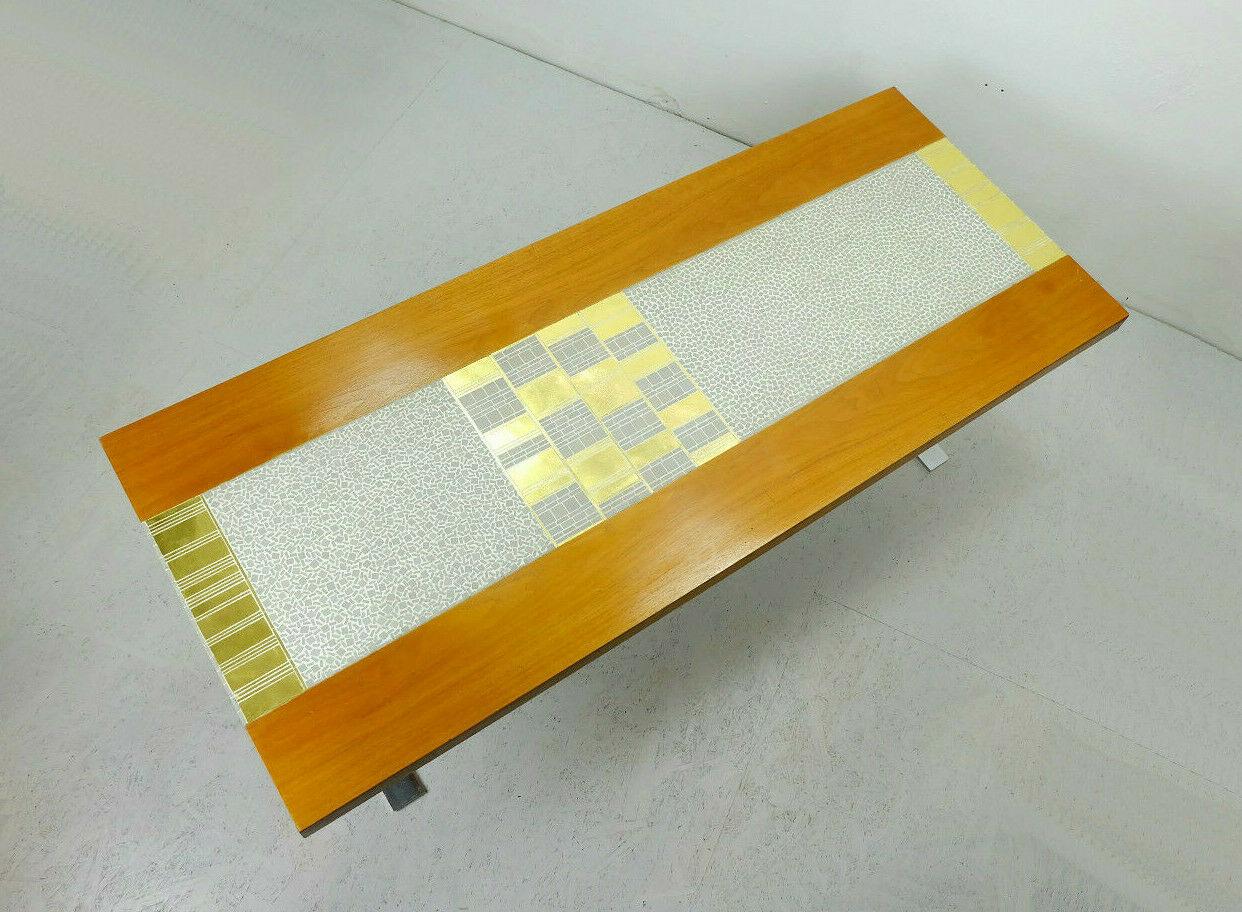 1960s Coffee Table Walnut with Gray and Gold Mosaic and Chrome Base For Sale 2