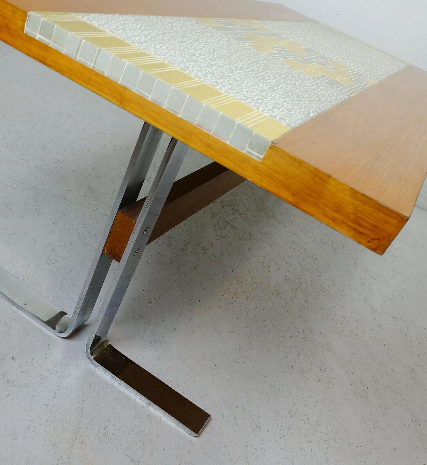 Mid-Century Modern 1960s Coffee Table Walnut with Gray and Gold Mosaic and Chrome Base For Sale