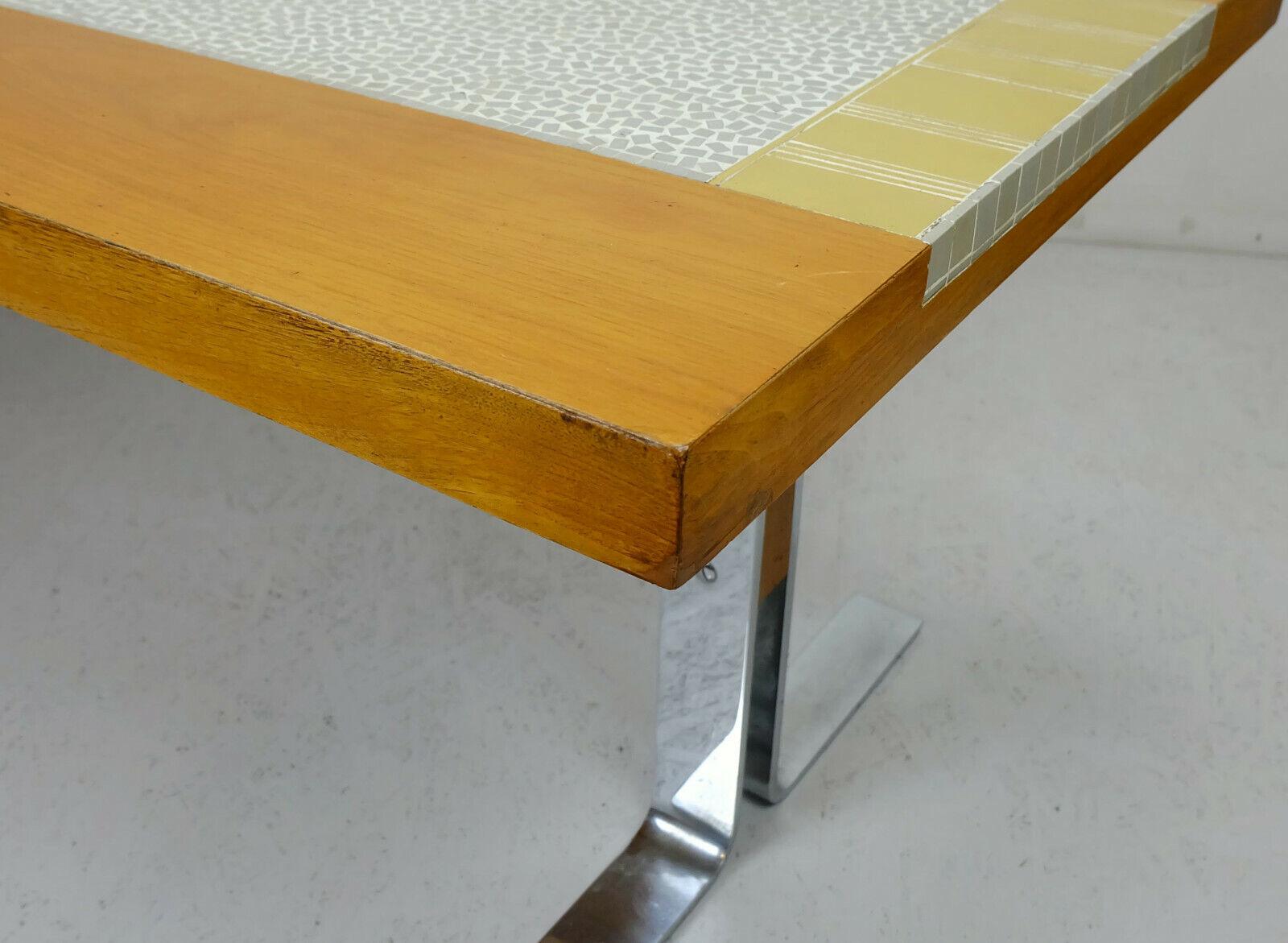 German 1960s Coffee Table Walnut with Gray and Gold Mosaic and Chrome Base For Sale