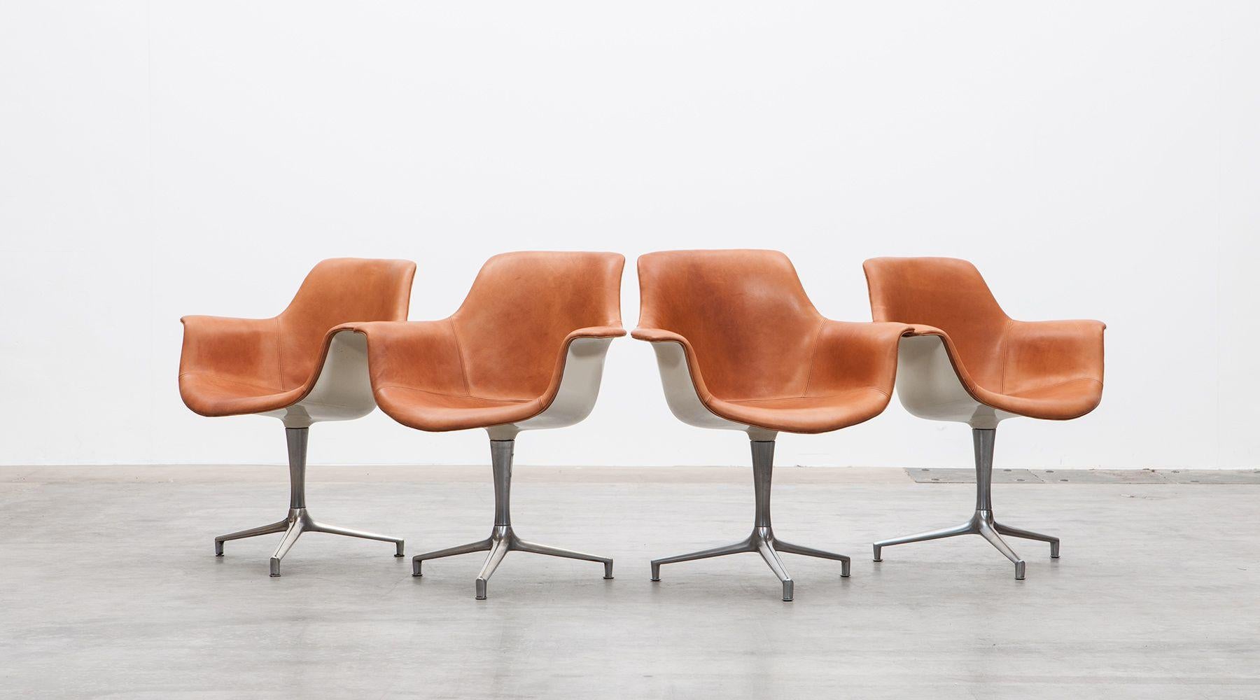 Mid-Century Modern 1960s Cognac Leather Pair of Six Swivel Chairs by Jorgen Kastholm