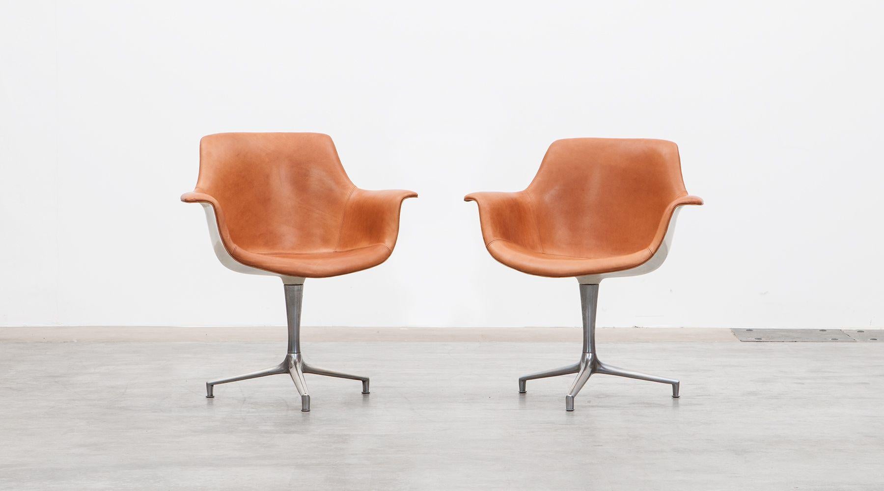 German 1960s Cognac Leather Pair of Six Swivel Chairs by Jorgen Kastholm