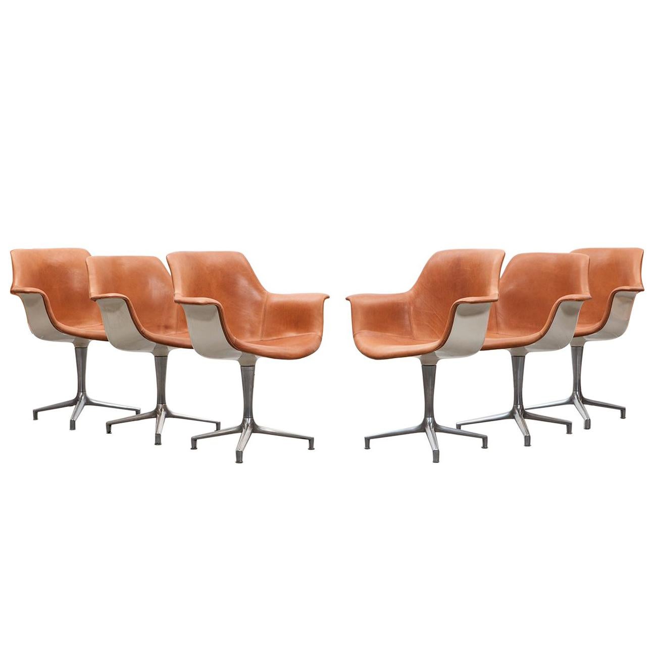 1960s Cognac Leather Pair of Six Swivel Chairs by Jorgen Kastholm