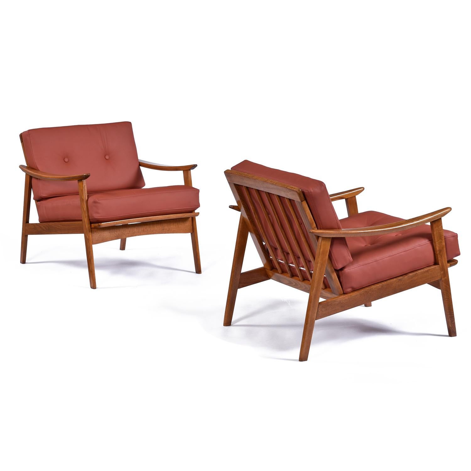 Mid-Century Modern 1960's Cognac Leather Scandinavian Modern Beech Wood Lounge Chairs For Sale