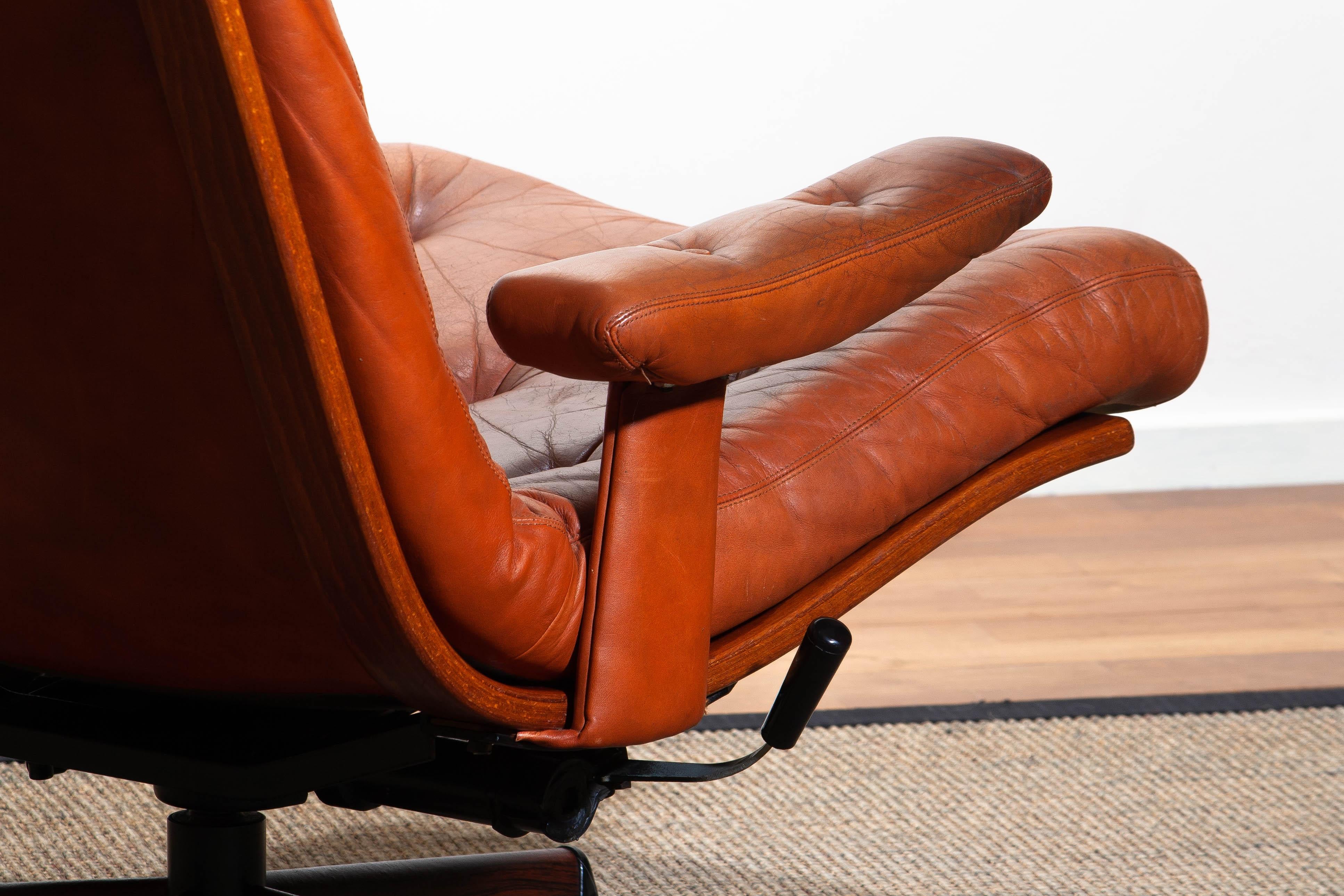 1960s, Cognac Leather Swivel / Relax Lounge Easy Chair by Göte Design Nässjö 6