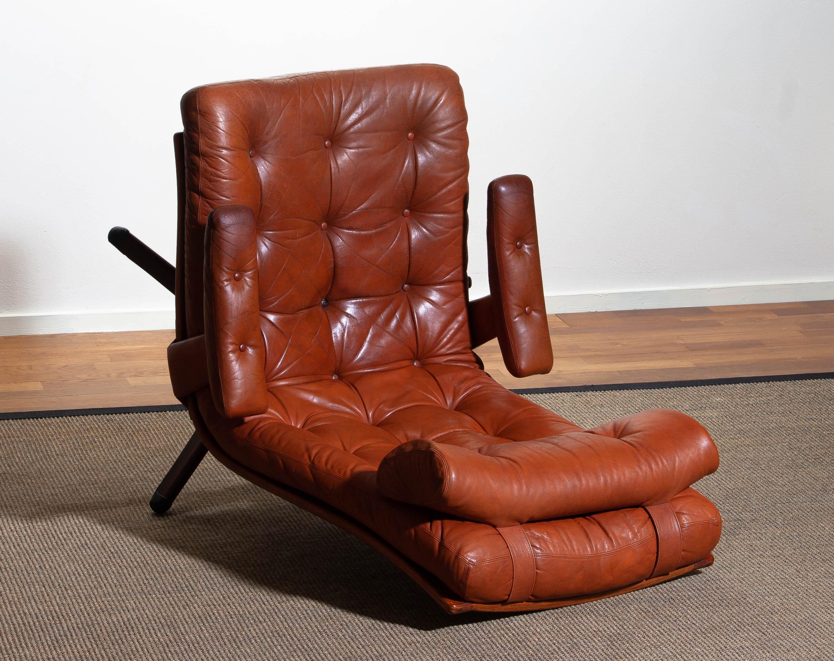 1960s, Cognac Leather Swivel / Relax Lounge Easy Chair by Göte Design Nässjö 6