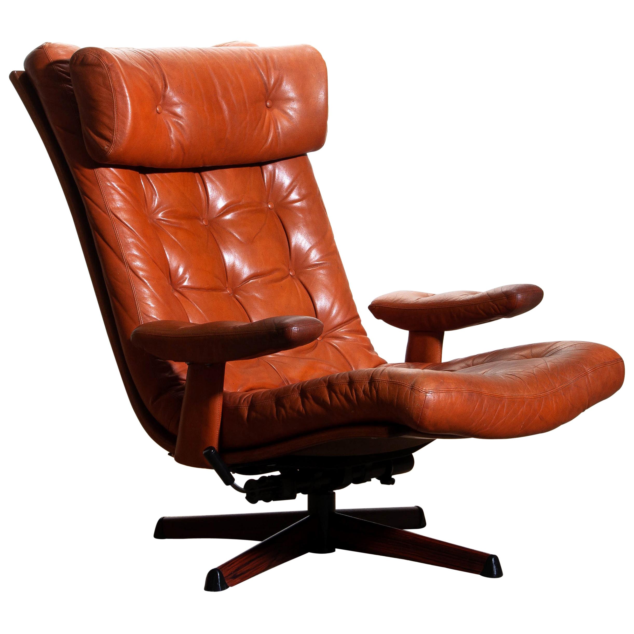 Mid-Century Modern 1960s, Cognac Leather Swivel / Relax Lounge Easy Chair by Göte Design Nässjö