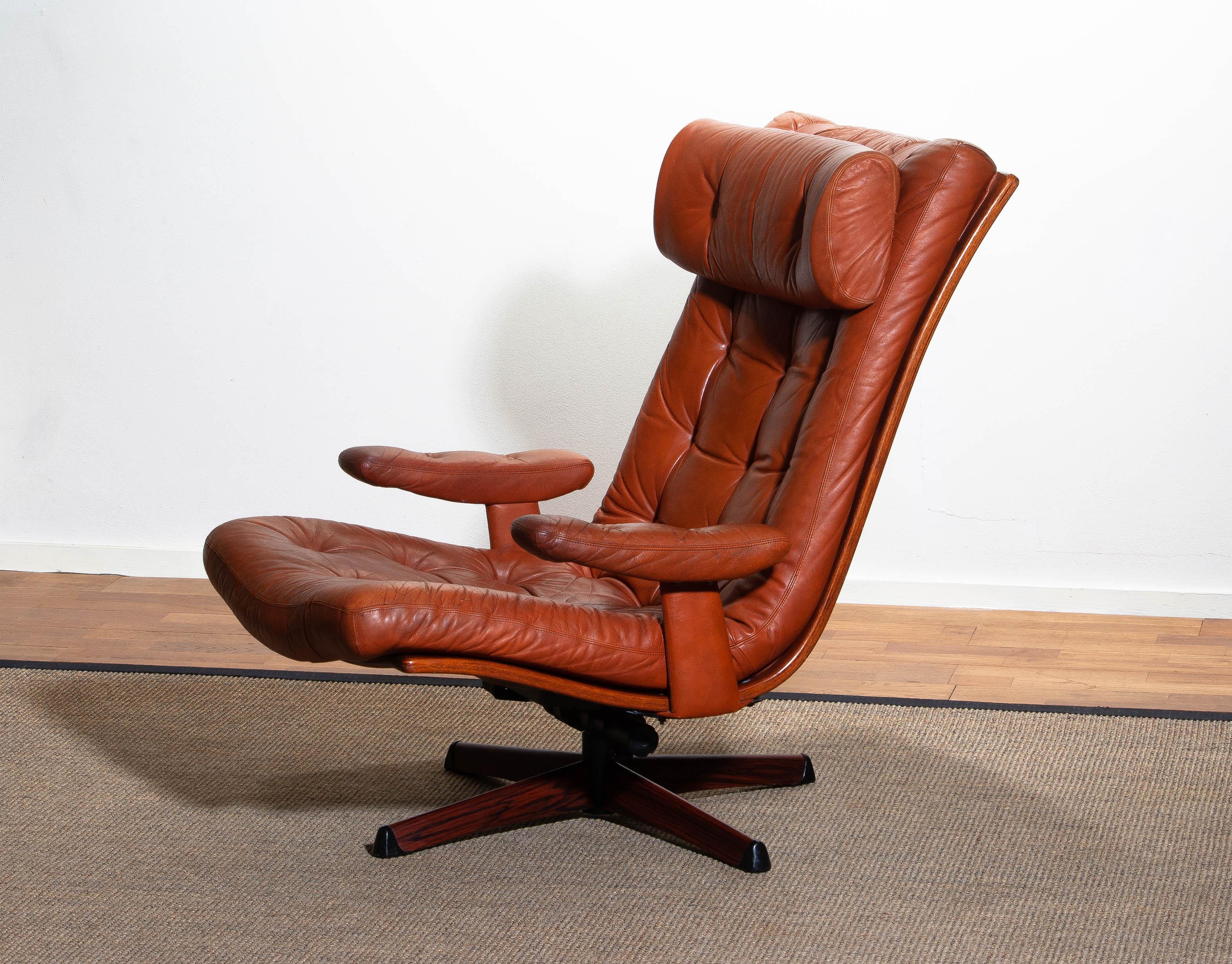 Metal 1960s, Cognac Leather Swivel / Relax Lounge Easy Chair by Göte Design Nässjö.