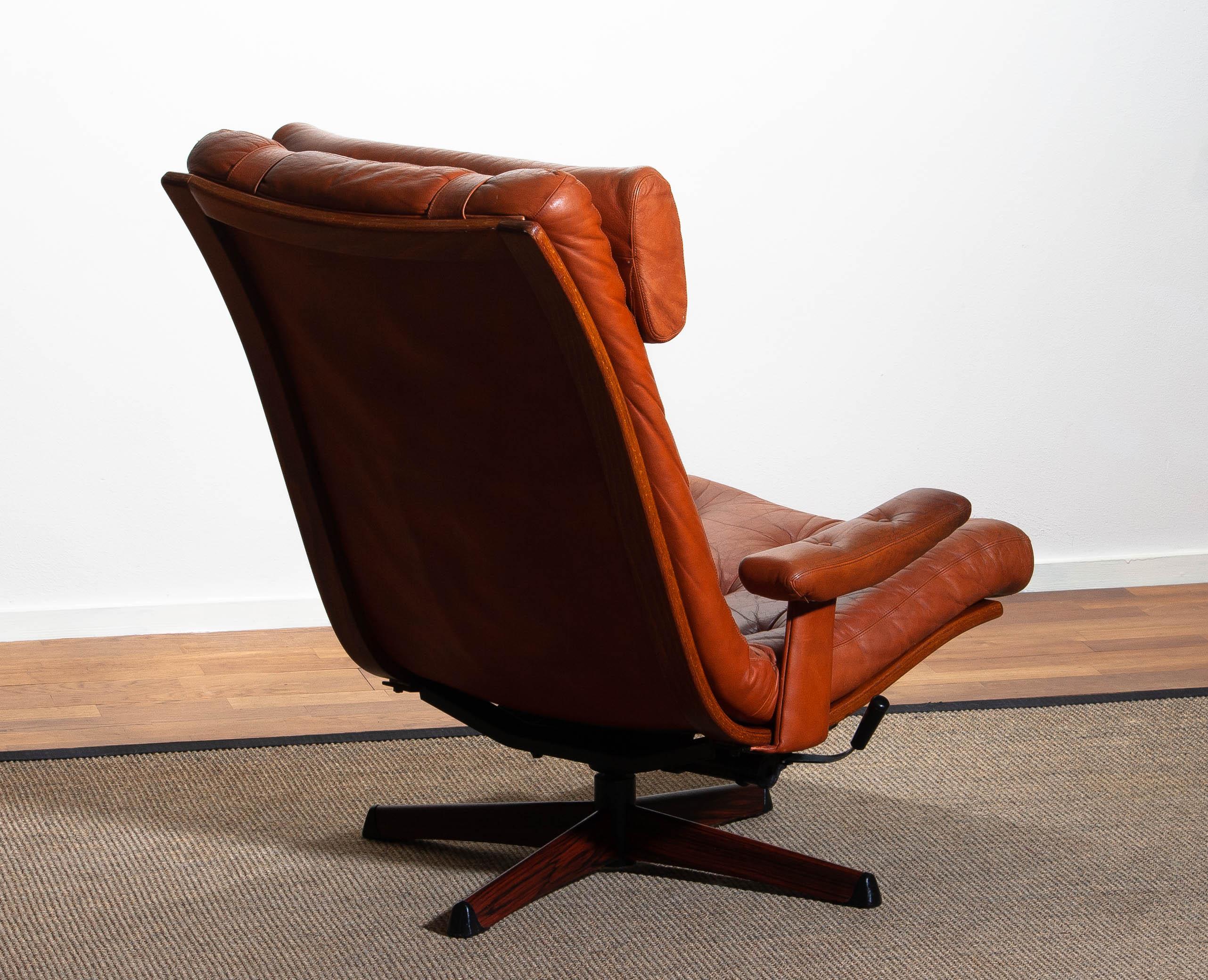 1960s, Cognac Leather Swivel / Relax Lounge Easy Chair by Göte Design Nässjö 1