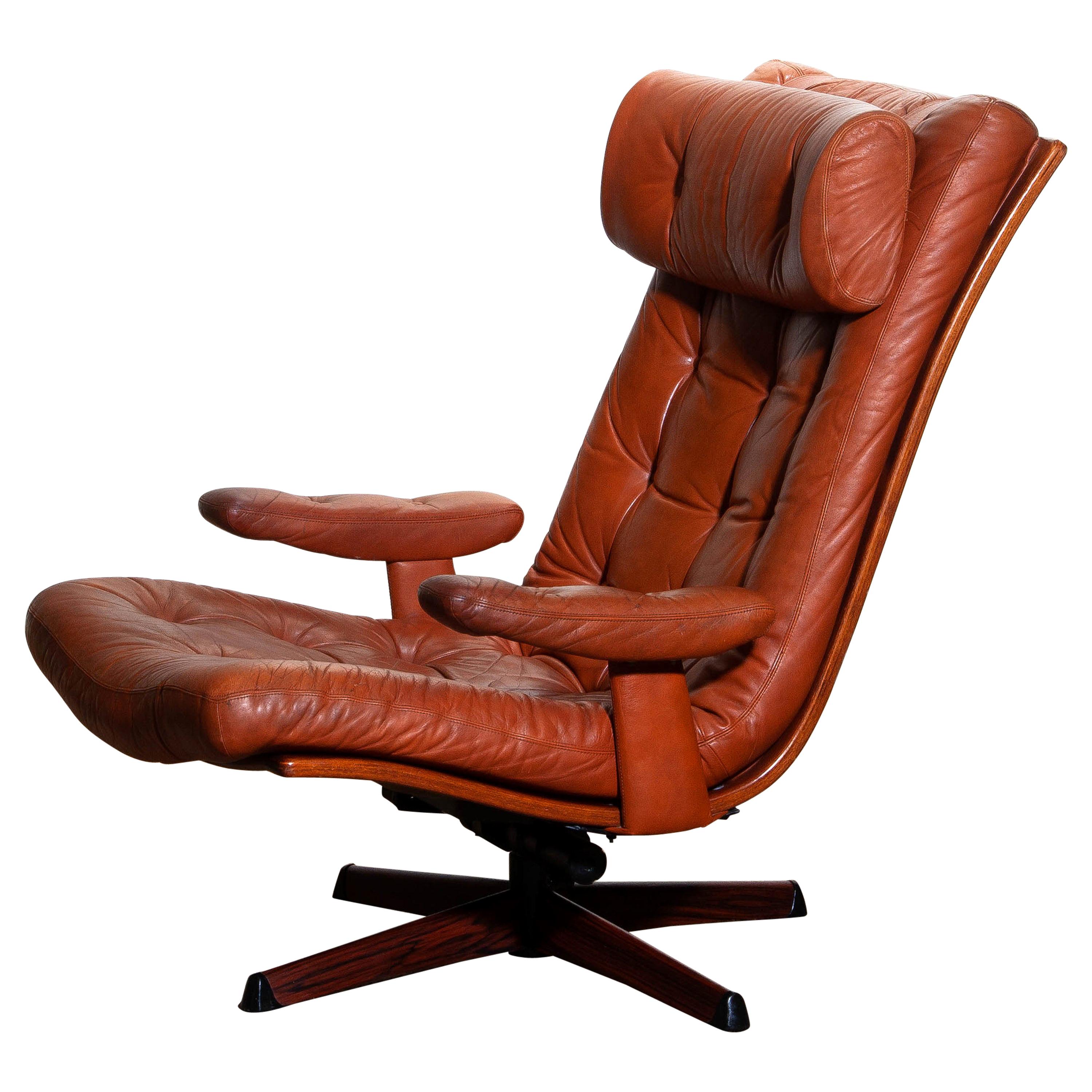 1960s, Cognac Leather Swivel / Relax Lounge Easy Chair by Göte Design Nässjö