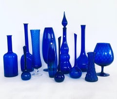 1960's Collection of 12 Vintage Royal Blue Glass Vases and Decanters