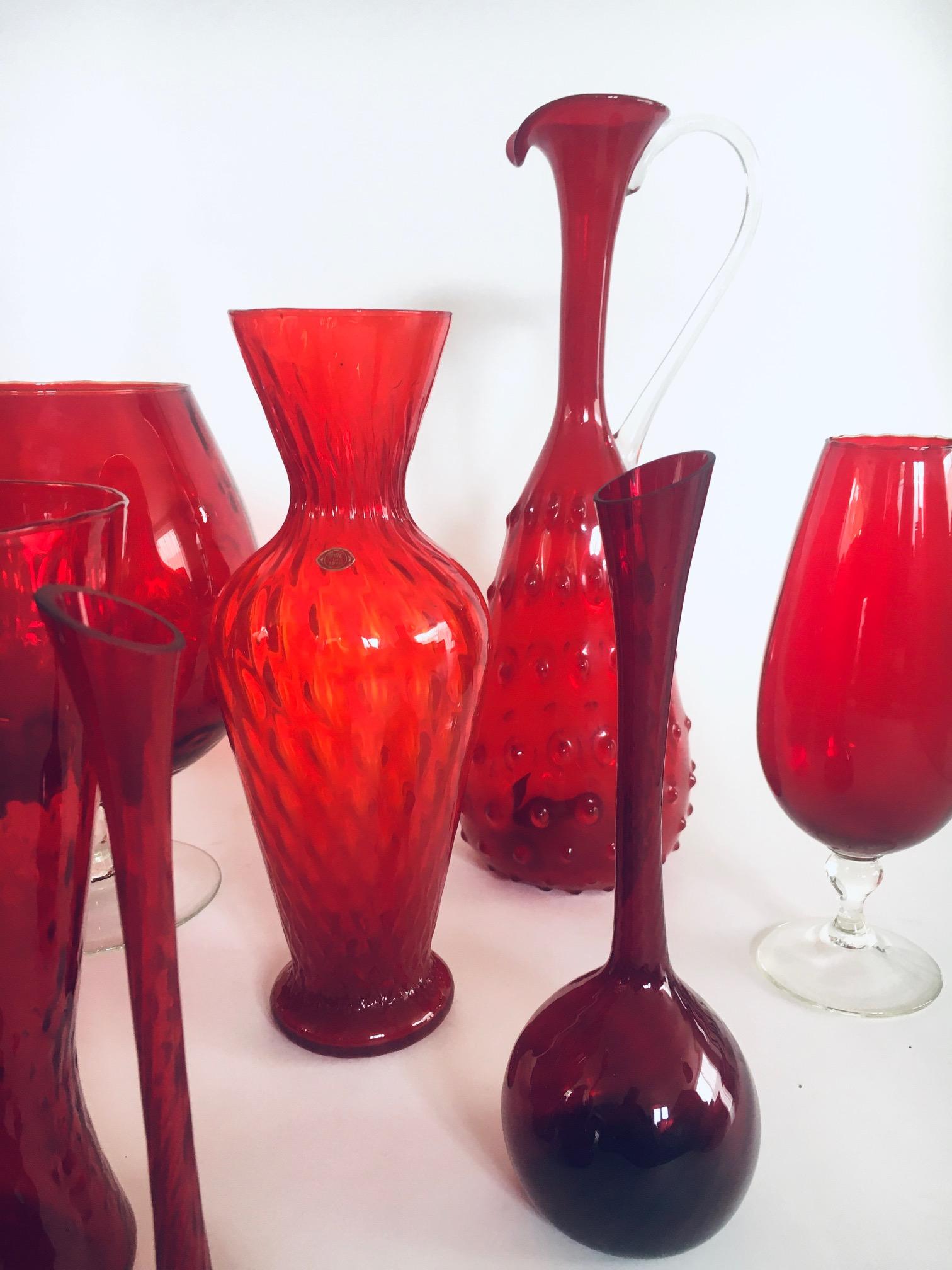 1960's Collection of 14 Vintage Red Glass Vases and Decanters For Sale 4