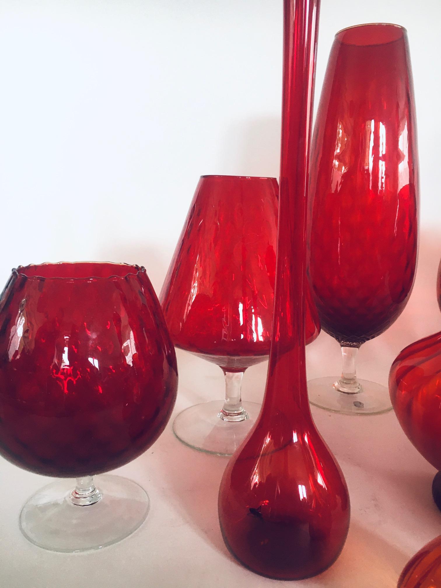 1960's Collection of 14 Vintage Red Glass Vases and Decanters For Sale 5