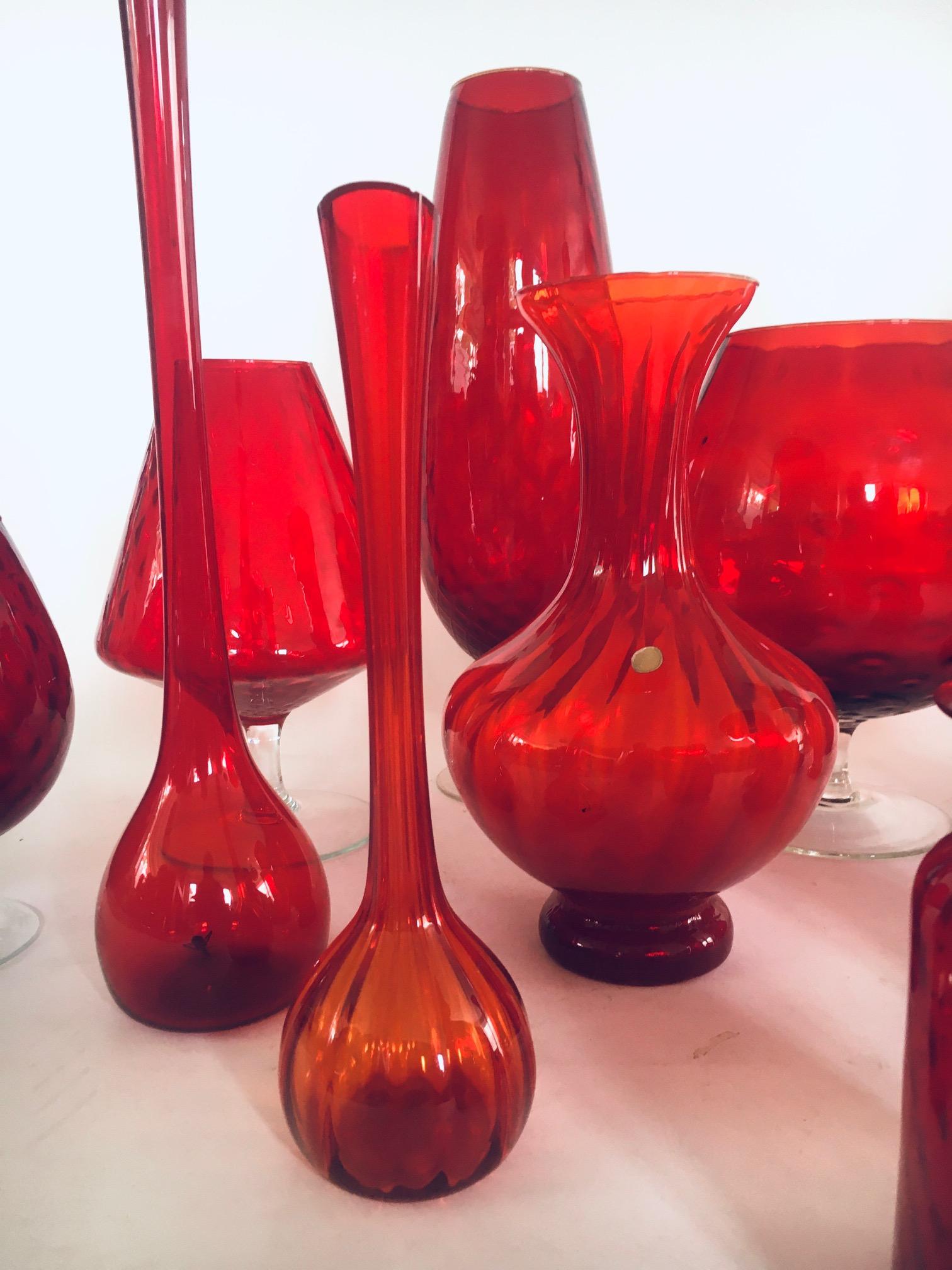 1960's Collection of 14 Vintage Red Glass Vases and Decanters For Sale 6