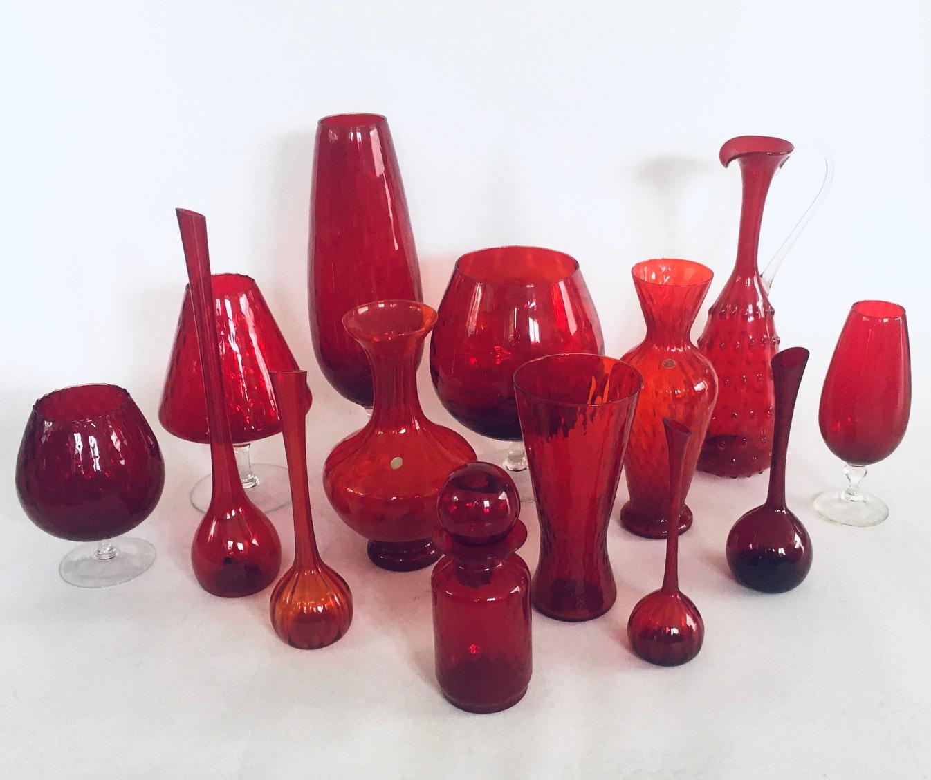 1960's Collection of 14 Vintage Red Glass Vases and Decanters For Sale 7