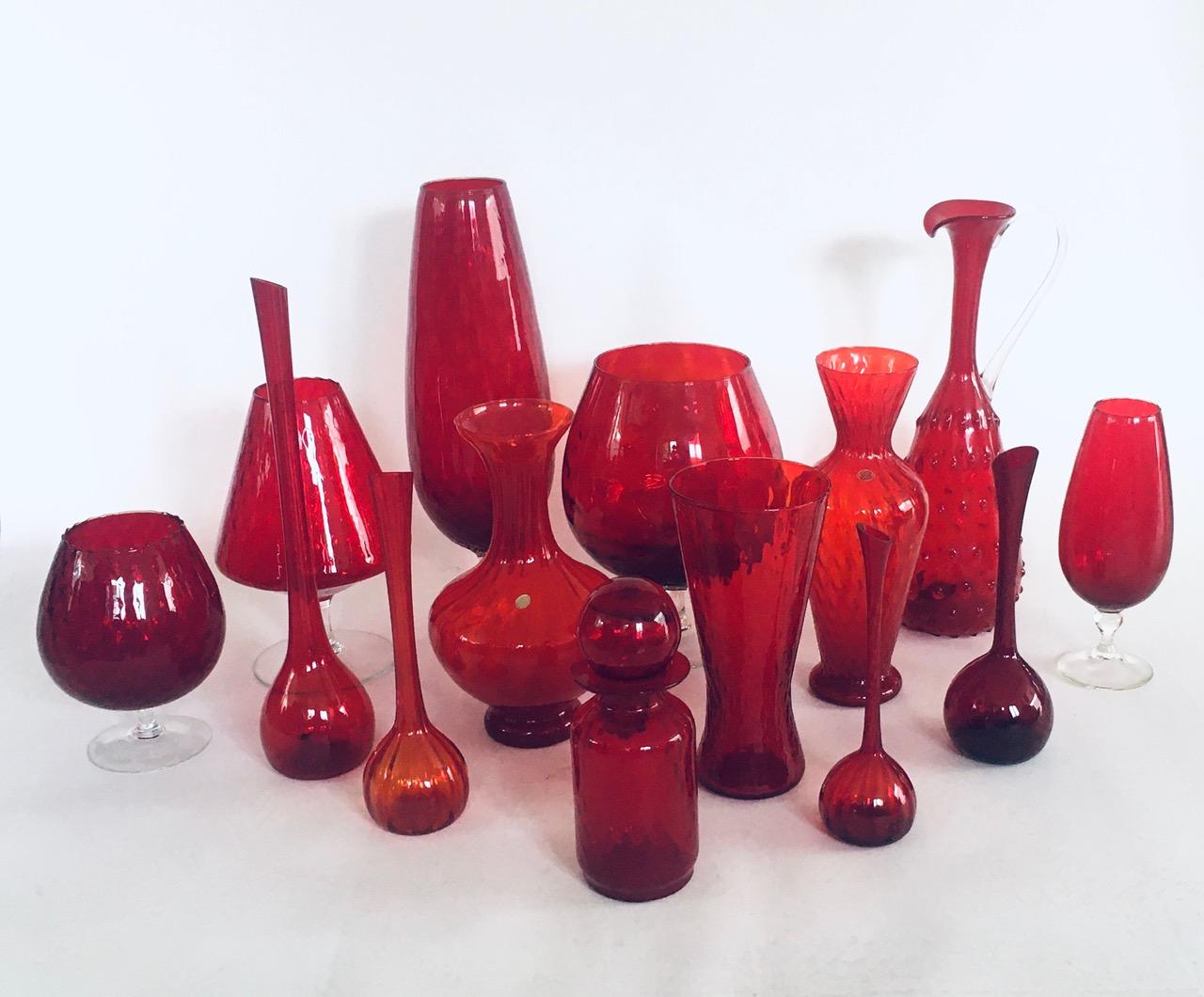 1960's Collection of 14 Vintage Red Glass Vases and Decanters For Sale 8