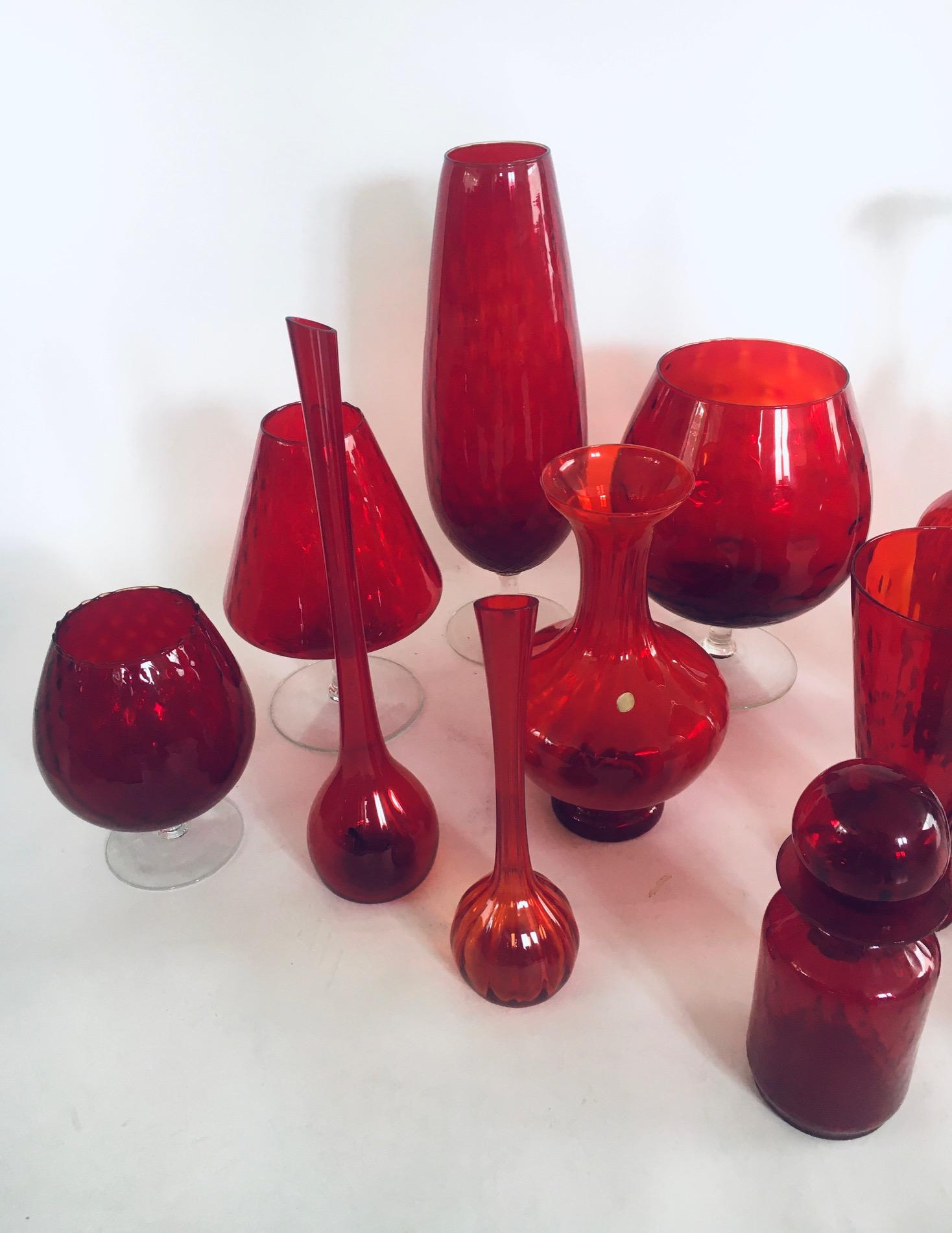 1960's Collection of 14 Vintage Red Glass Vases and Decanters For Sale 9